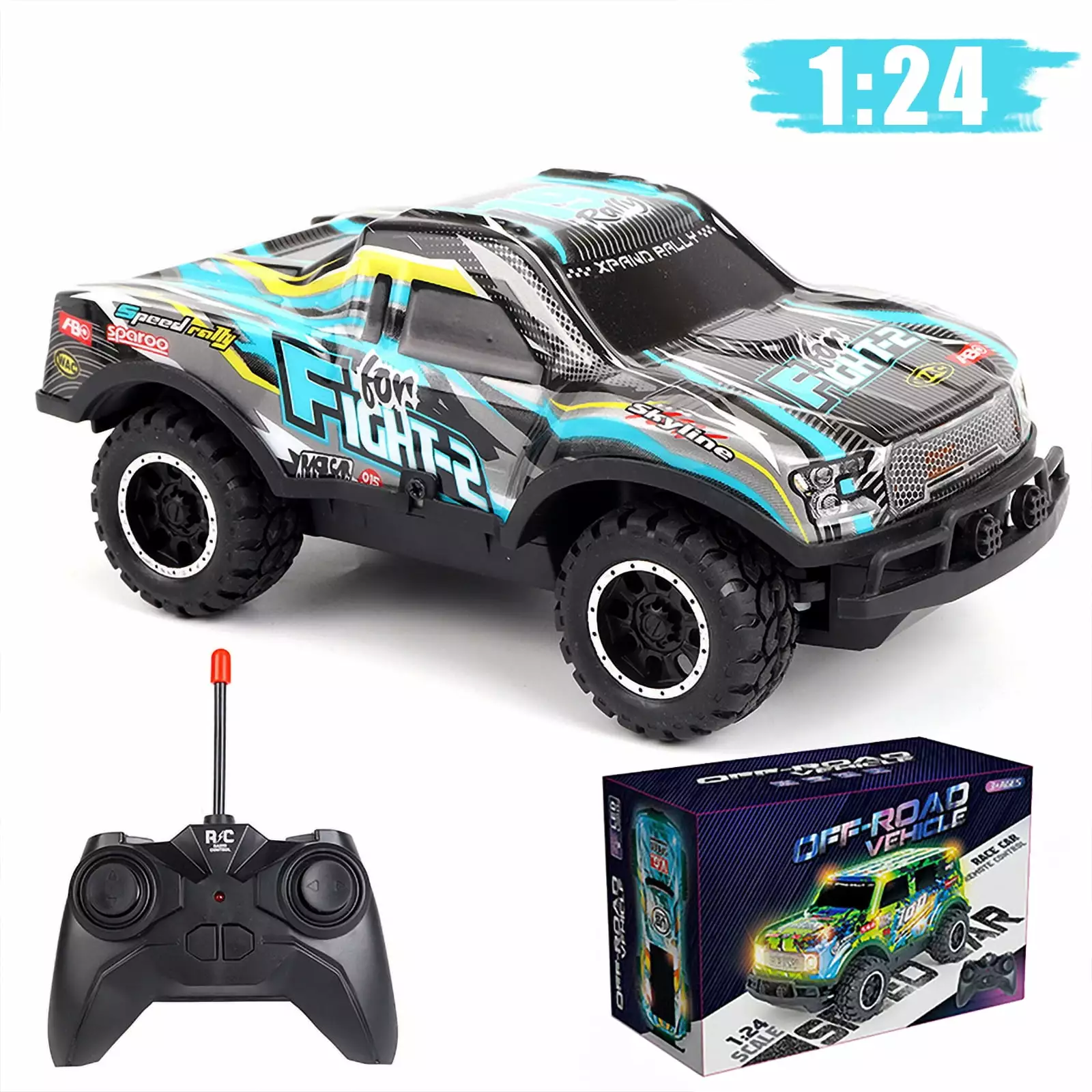 FUUY Off-road RC Car 1:24 Scale Remote Control Car RC Trucks Car 10KM/H Off-Road with Cool LED Lights Kids Toy Car Christmas Gifts for Boys Girls Blue