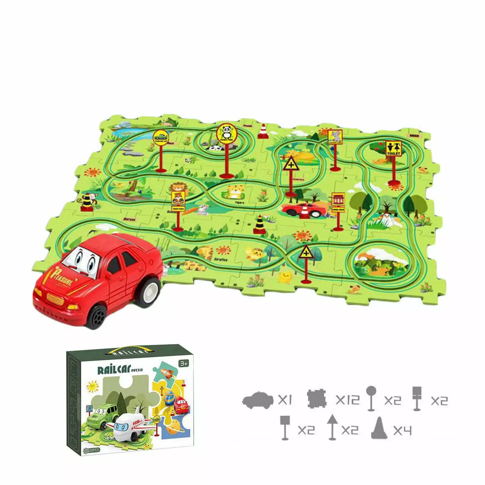 FUUY Puzzle Racer Car Track Puzzle Track Car Play Set DIY Puzzle Tracks with Vehicles Educational Puzzle Track Car Playset for 3+ Years Kids Christams Gifts (25 PC. Forest)