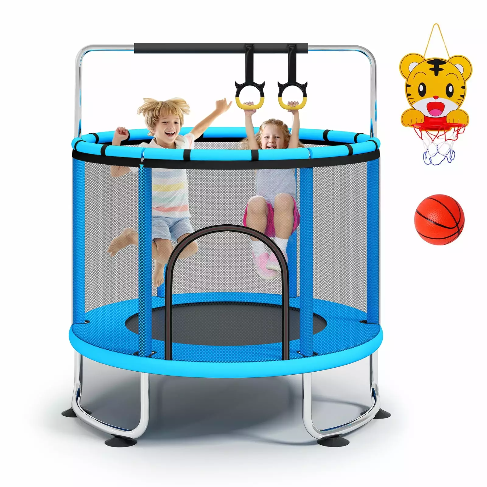 Fisca 55''Mini Trampoline for Kids. Toddler Trampoline with Basketball Hoop. Enclosure Net and Rings. Indoor Trampoline. 555lbs Load