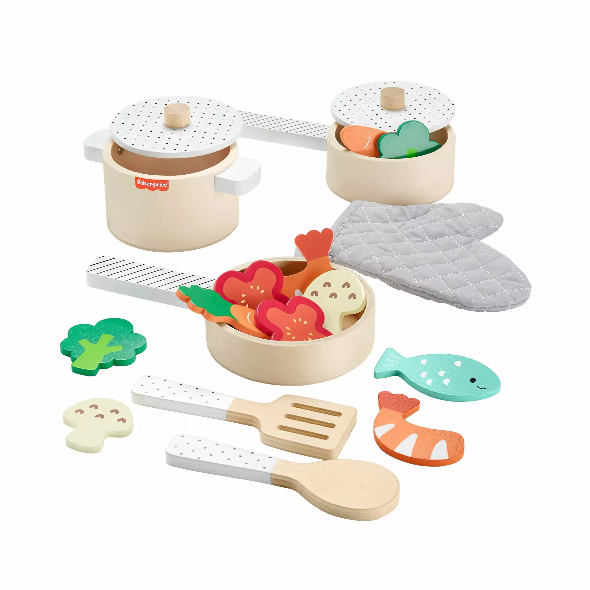 Fisher-Price Wooden Kitchen Pots & Pans Set. 19 Wood Pieces for Preschool Pretend Play. Ages 3+ Years