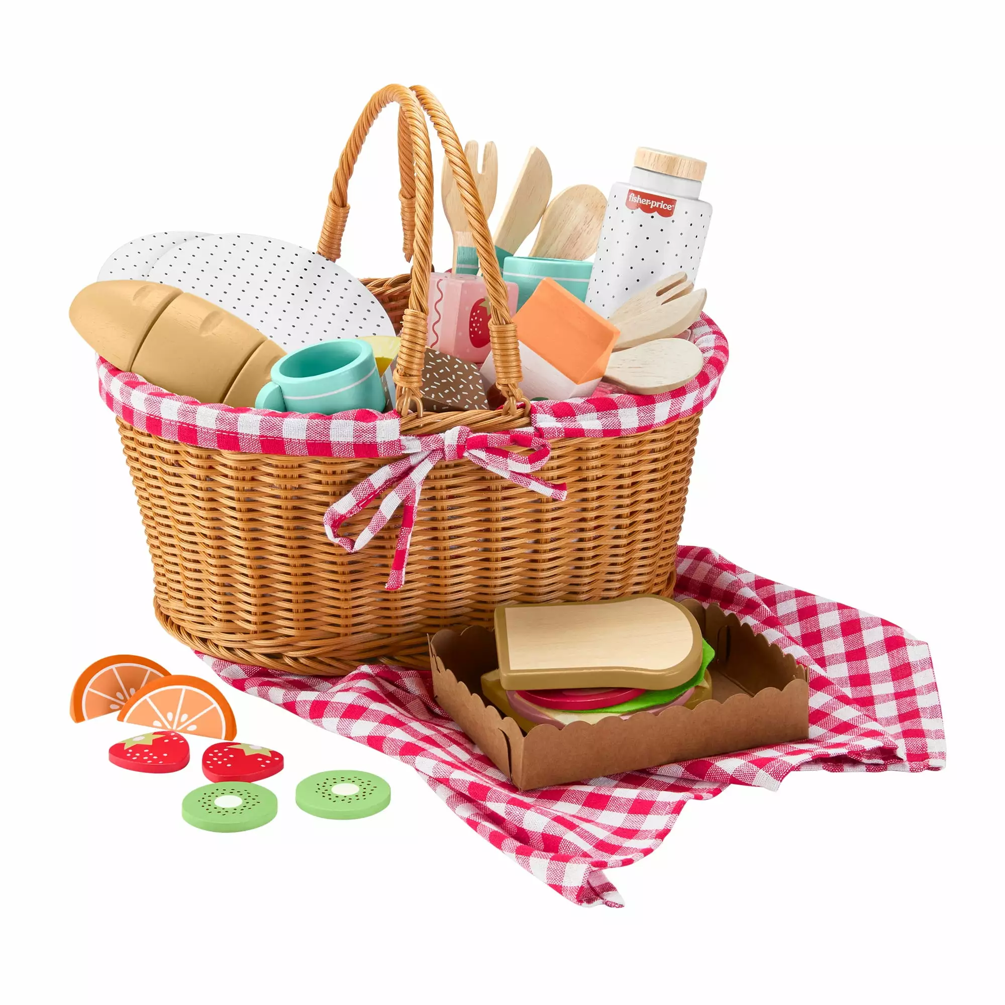 Fisher-Price Wooden Picnic Basket and Food Pretend Play Set for Preschool Kids. 31 Pieces