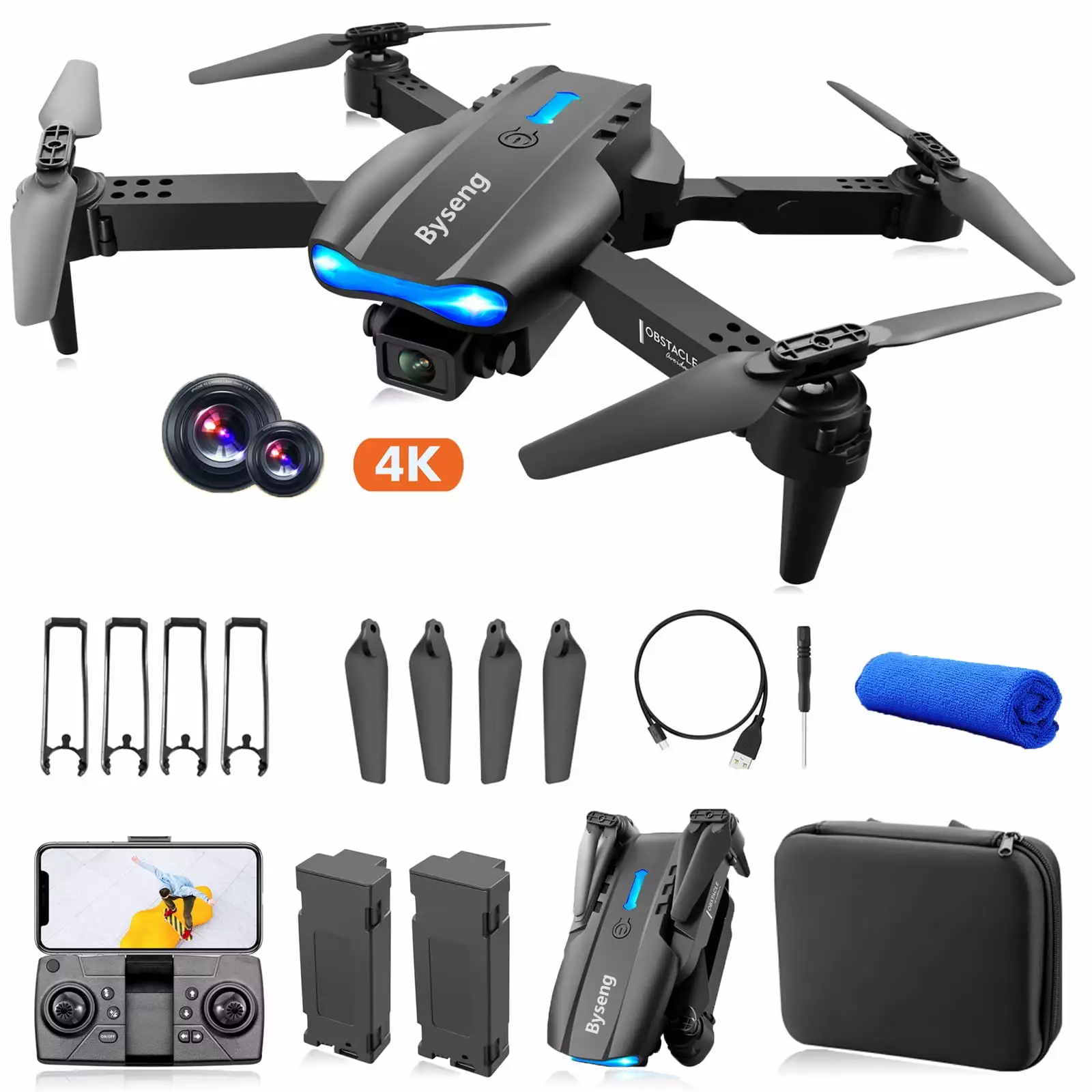 Foldable Drone with Dual 4k HD Camera. Byseng Drones for Kids and Adults with 2 Batteries Carrying Bag