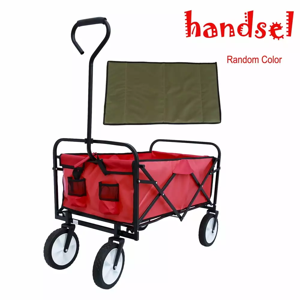 Folding Wagon Cart. Heavy Duty Collapsible Utility Wagon. Beach Wagon with Drinking Holder. Utility Wagon for Patio Camping Garden Beach Shopping. 150 lbs Capacity. JA2049