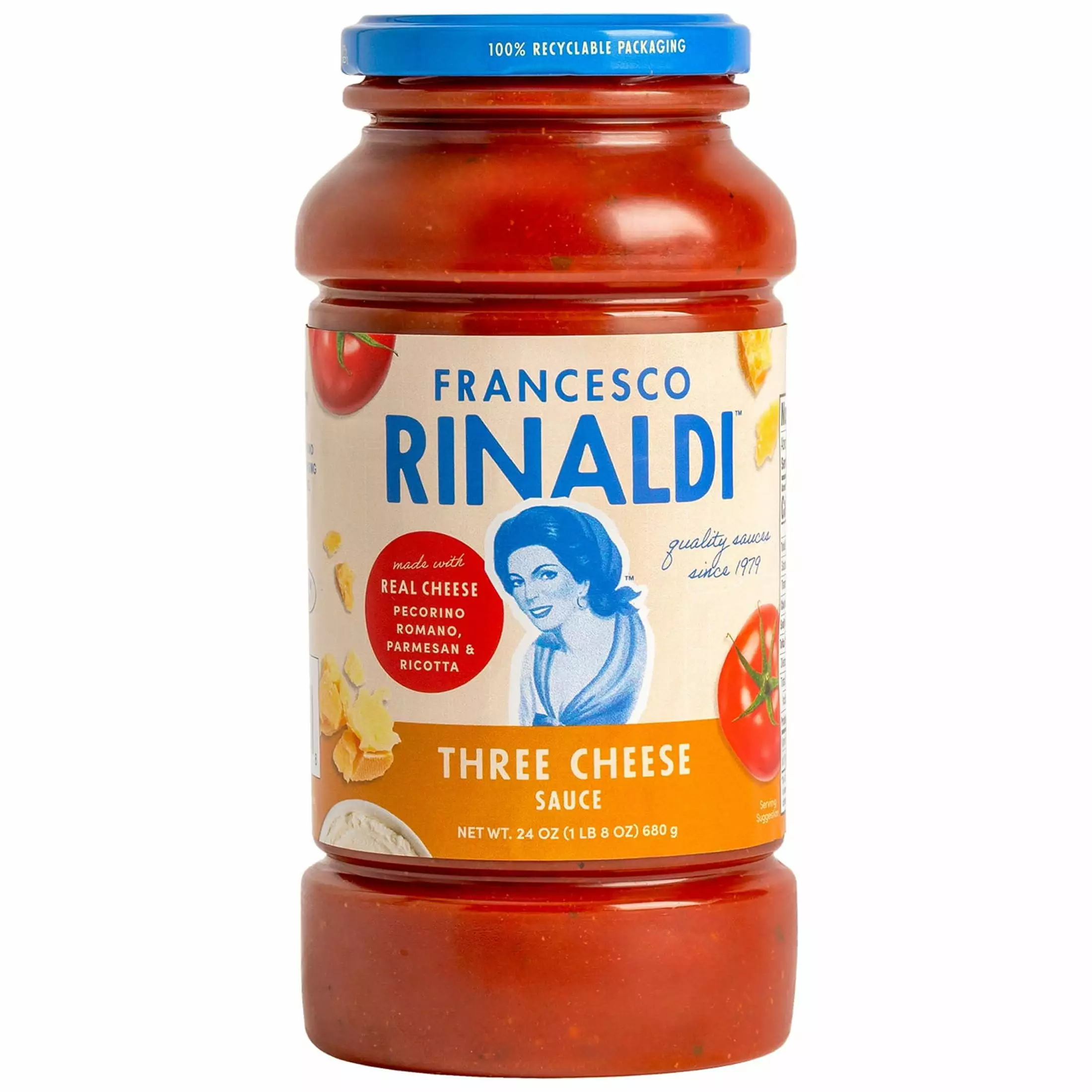 Francesco Rinaldi. Three Cheese Sauce. 24oz. Low Fat. Gluten Free. No Saturated Fat