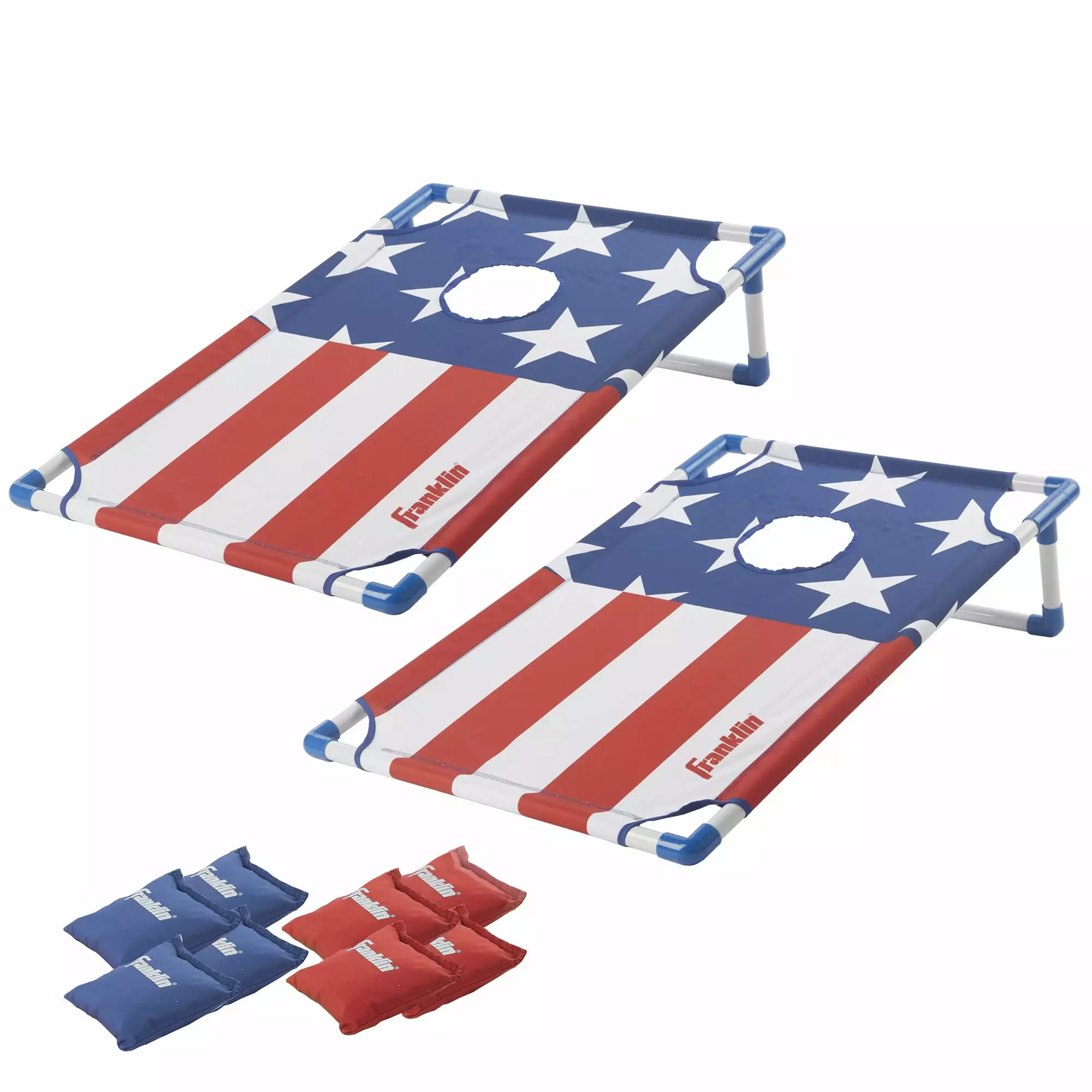 Franklin Sports Red. White and Blue PVC Cornhole Set ?? Includes 2 Targets And 8 Regulation Bean Bags ?? Great for Kids and Outdoor Family Fun