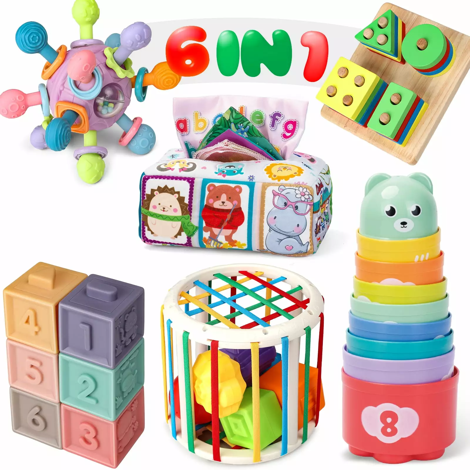 Freecat 6 in 1 Montessori Toys for Babies 6-12 Months. Soft Baby Teething Toys. Sensory Shape Sorter Bin. Soft Stacking Blocks & Cups. Wooden Sorting Toys for Toddler