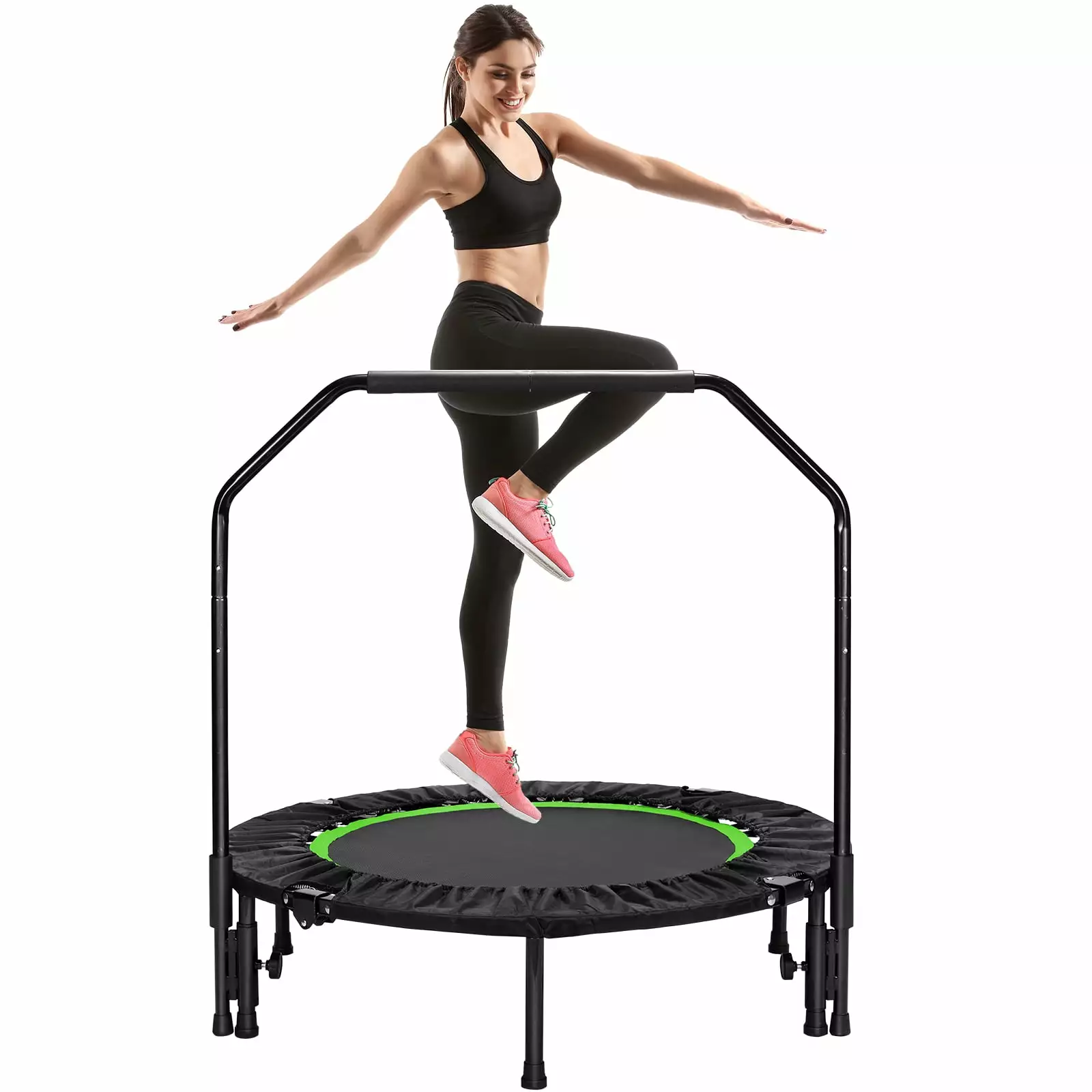 GARTIO 40 Foldable Trampoline Mini Fitness Rebounder with Adjustable Handle. Exercise Trampoline for Kids Adults In/Outdoor Workout Max Load 330lbs. Green