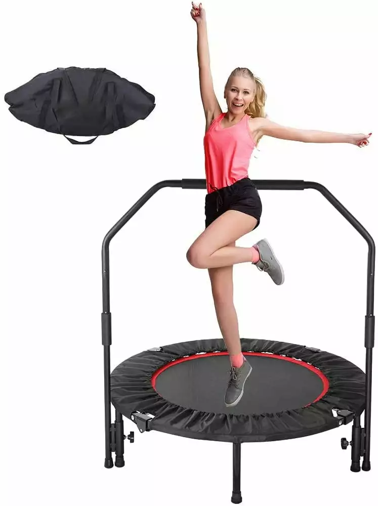 GARTIO 40 Mini Fitness Trampoline. Foldable Exercise Rebounder for Adults Kids. with 3-Level Adjustable Foam Handrail