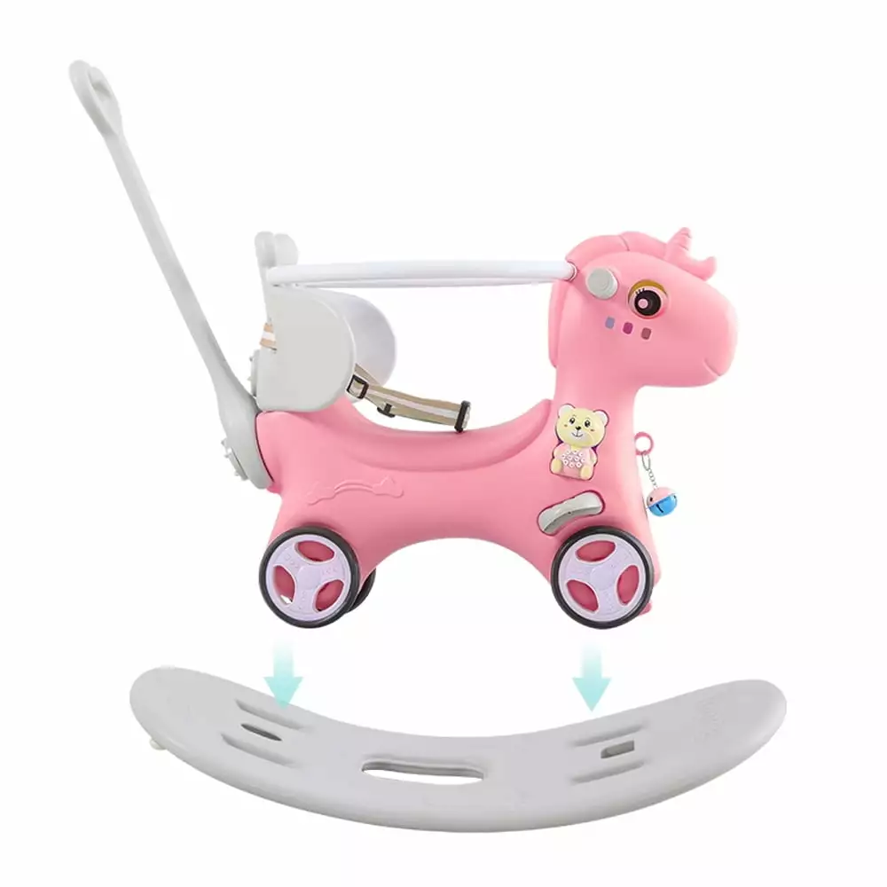 GEEKEO 5 in 1 Baby Rocking Horse with Push Handle. Multifunctional Unicorn Ride Toy. Kid Ride on Toy for 6 Month-3 Year Old Toddler. Baby Boy Girl Animal Rocker. Ride Toy Push Balance Board (Pink)