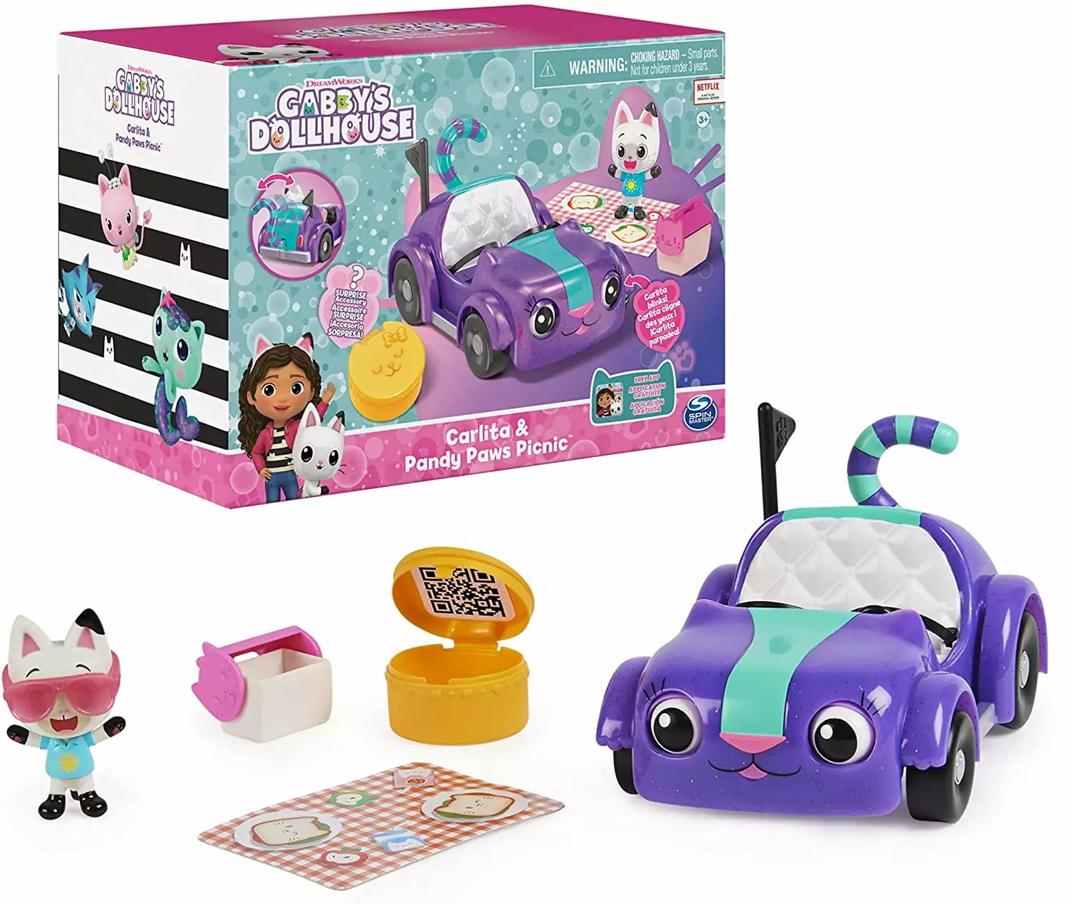 Gabby's Dollhouse. Carlita Toy Car with Pandy Paws Collectible Figure and 2 Accessories