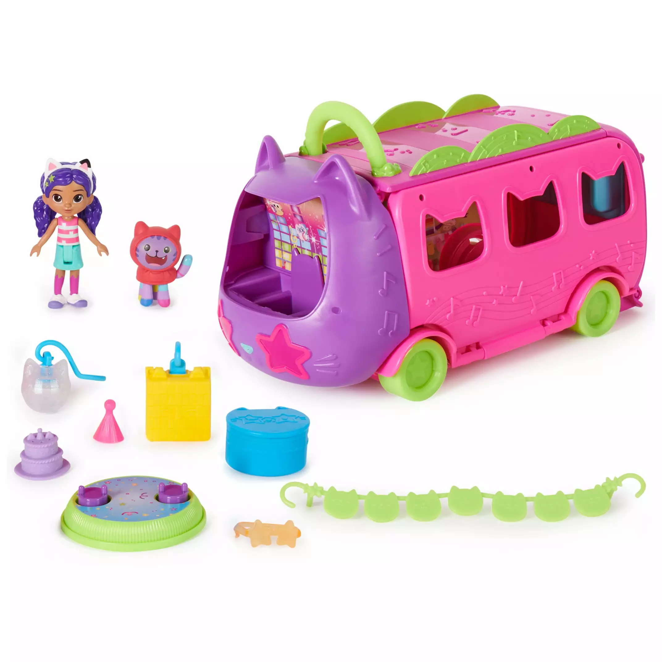 Gabby's Dollhouse. Celebration Party Bus Transforming Vehicle Playset with Gabby & DJ Catnip Toy Figures