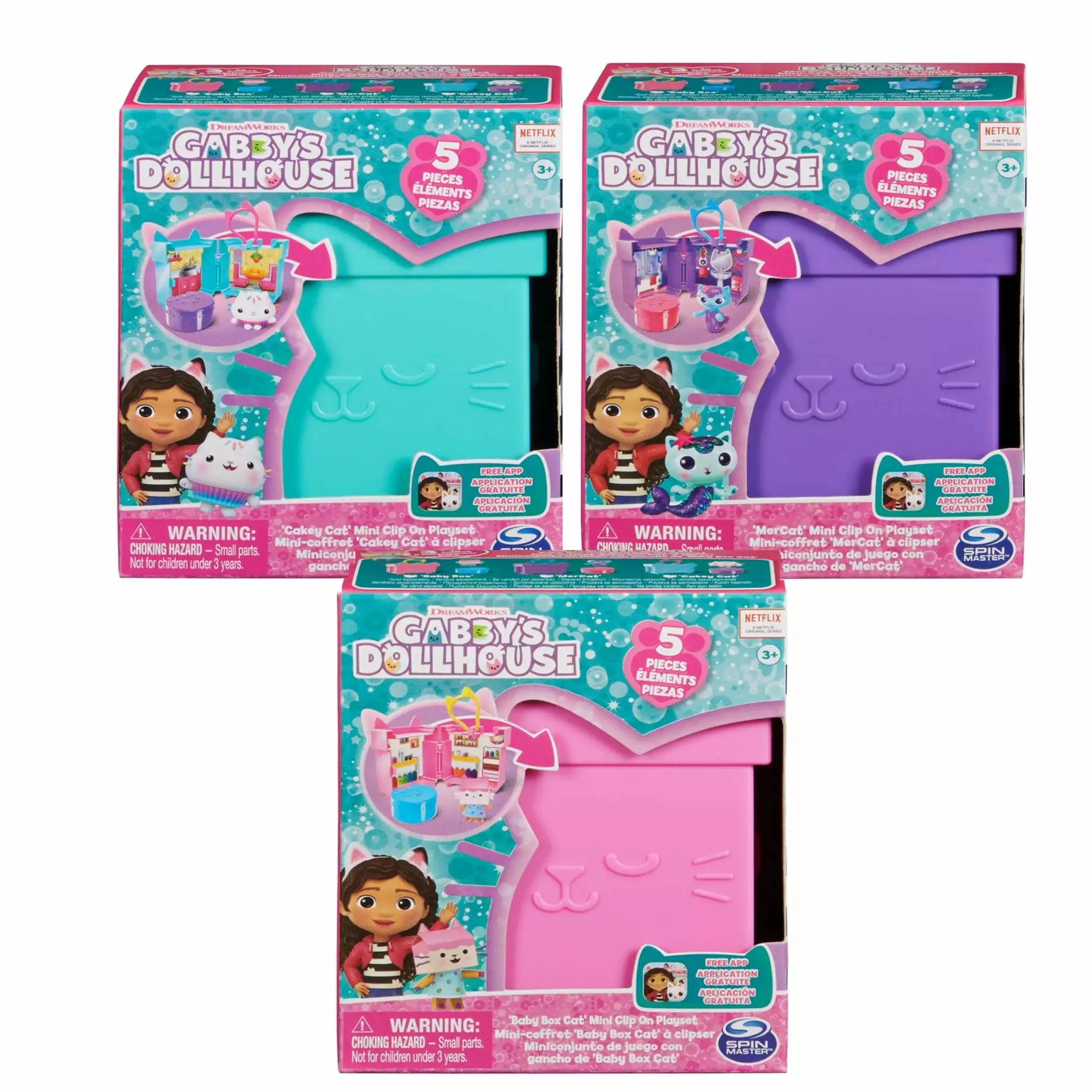 Gabby's Dollhouse. Mini Playset 3 Pack Bundle (Cakey Cat. Mercat. Baby Box) for Kids