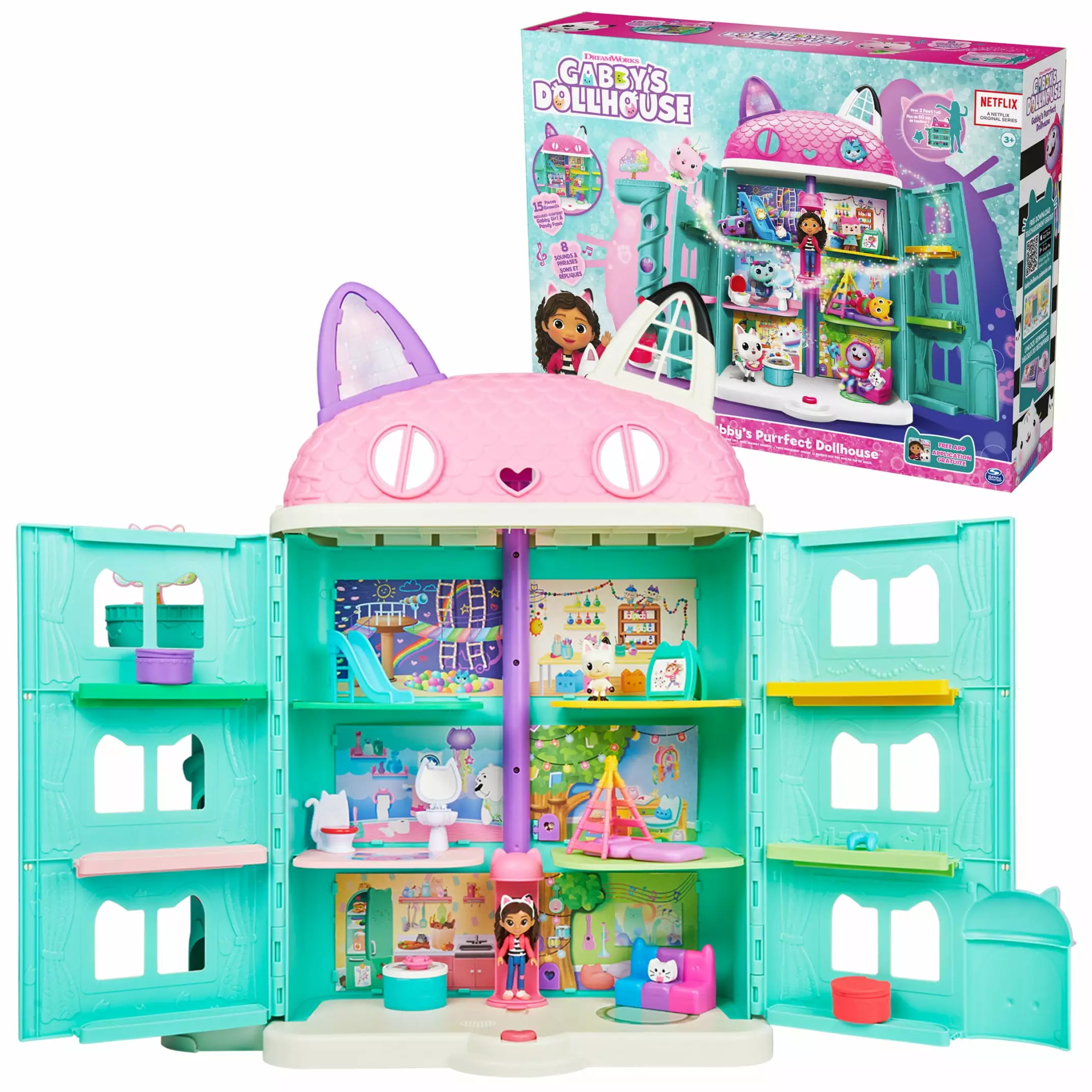 Gabby's Dollhouse. Purrfect Dollhouse 2-Foot Tall Playset with Sounds. 15 Pieces