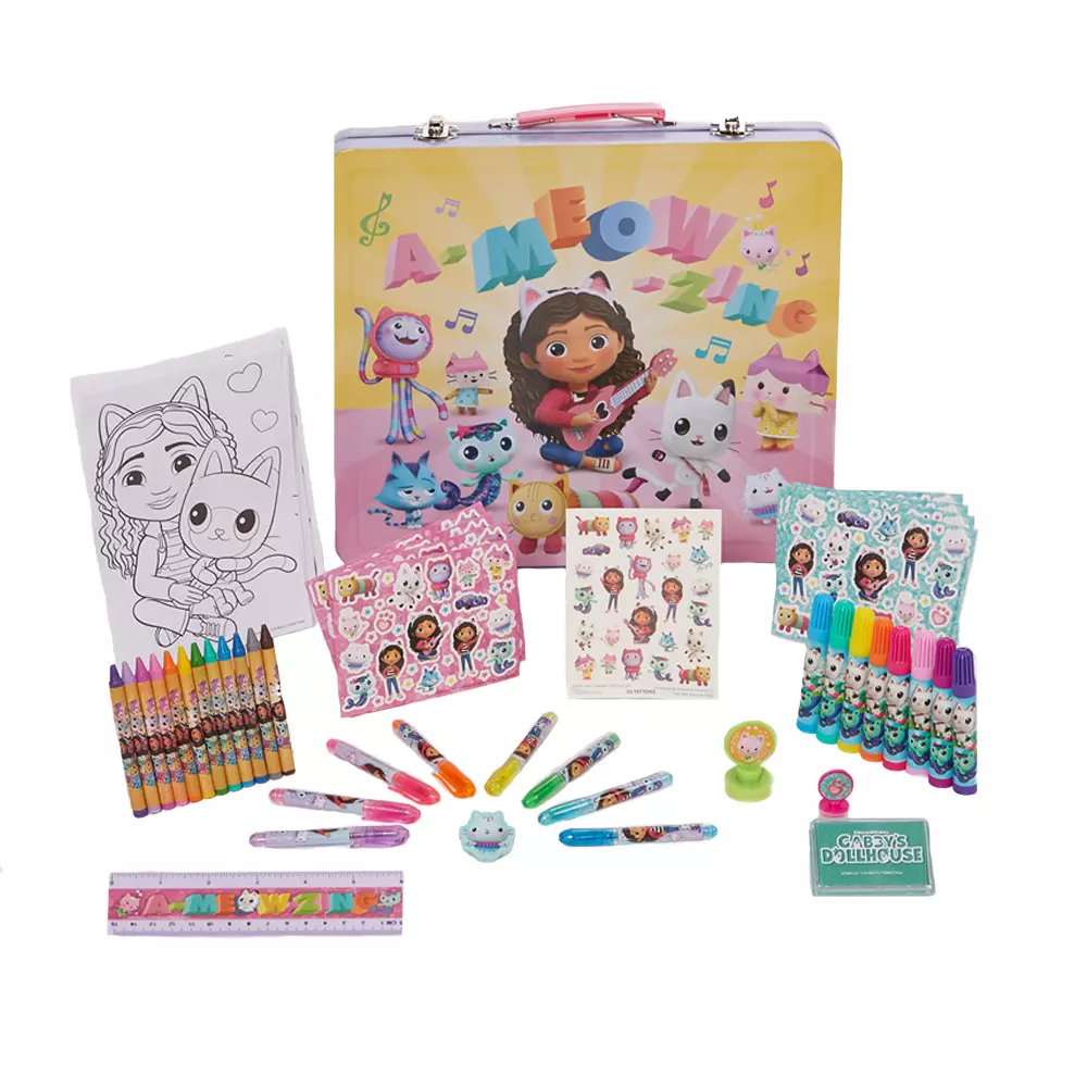 Gabbys Dollhouse Girls Art Kit with Carrying Tin Gel Pens Markers Stickers 200 Pc