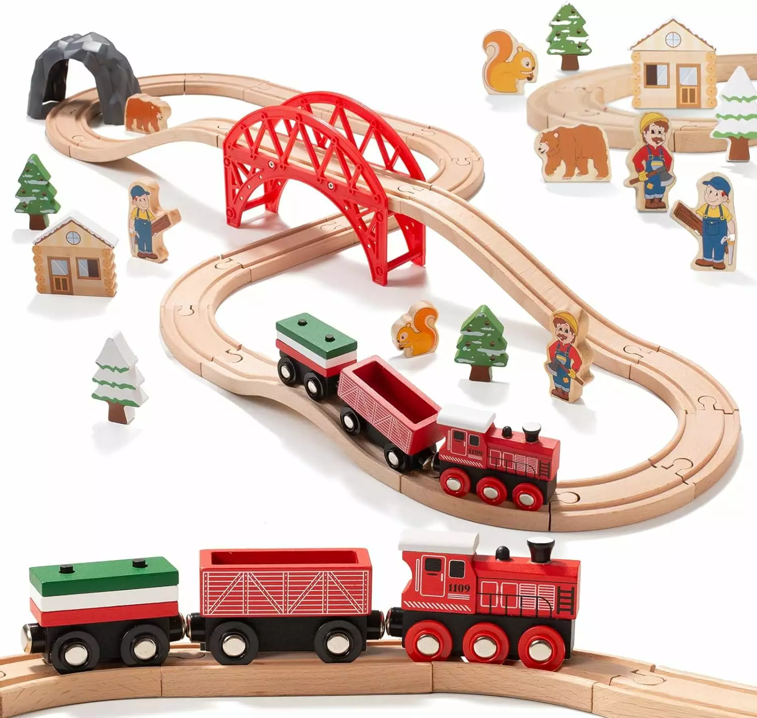 36 Pcs Forest Theme Wooden Train Set Train Track Toy Gift for Toddler Kids Boys and Girls 3-7