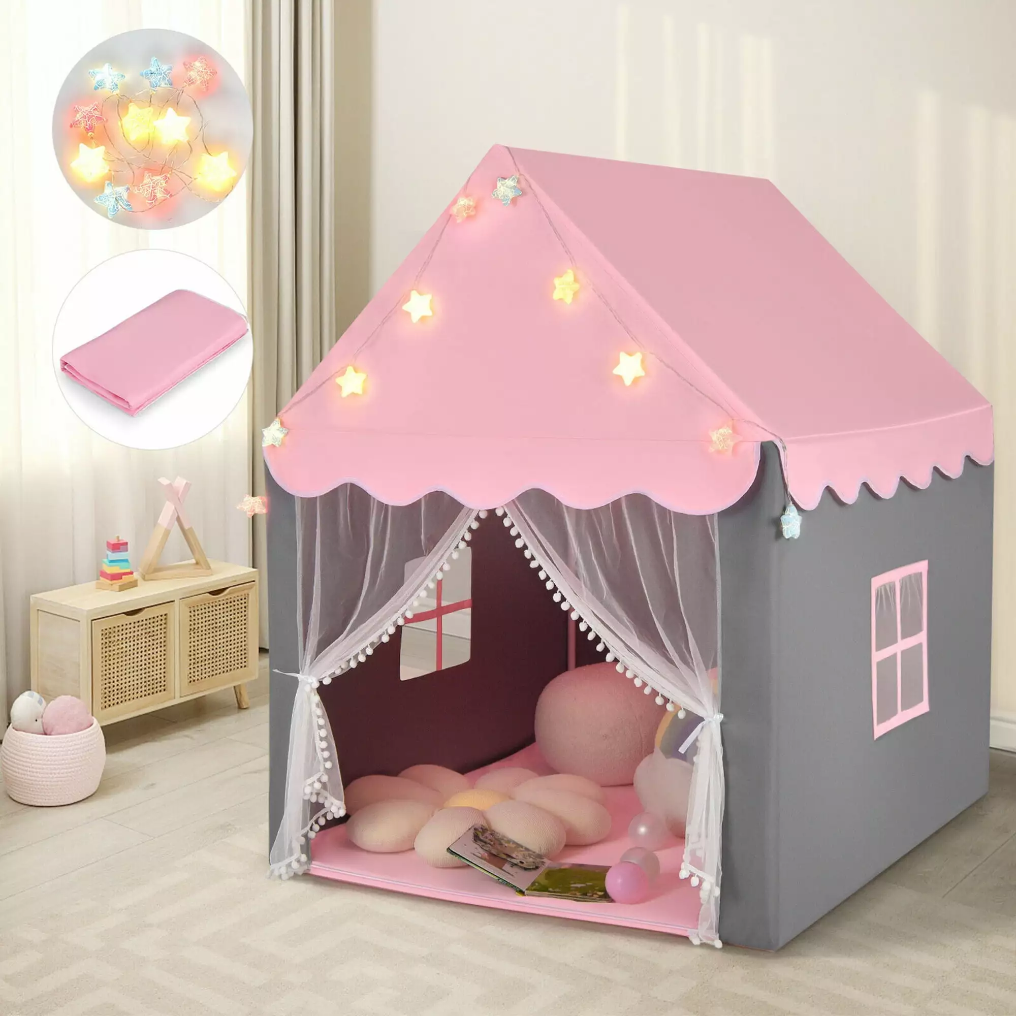 Gymax Kids Playhouse Tent Large Castle Fairy Tent Gift w/Star Lights Mat Pink