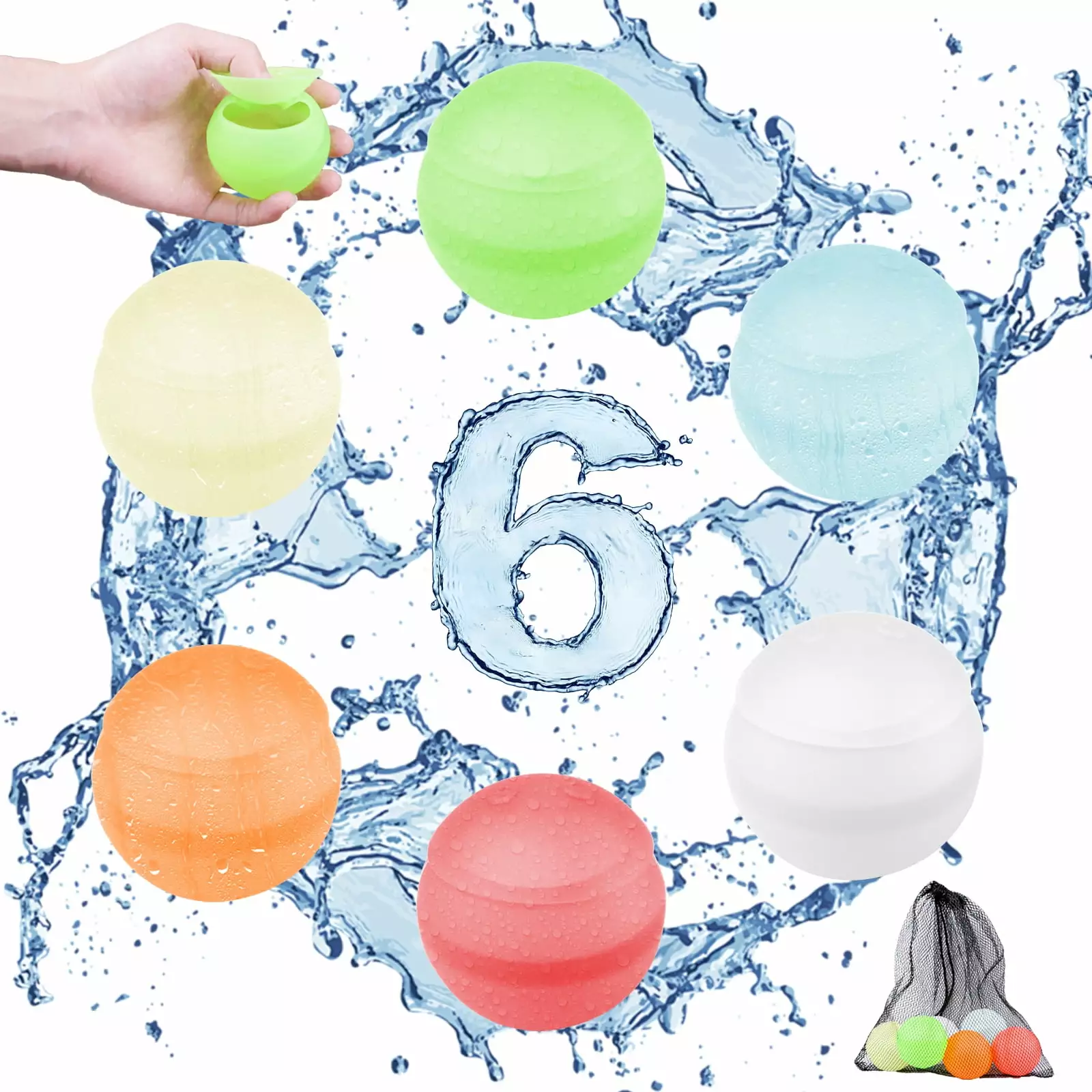 HODWIEQU Reusable Water Balloons. Water Ball for Beach Toys. Summer Toys. Easy Quick Fill & Self-Sealing Water Bombs. Soft Silicone Water Splash Ball. Best Gift for Kids(6Pcs)