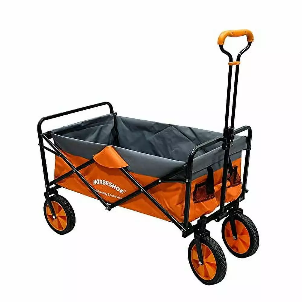 HORSESHOE Heavy Duty Max. Load 300LBS Collapsible Folding Utility Wagon Carts w/Flat Free Tires. Safety Belt & Folded Storage Bag for Sporting Camping Shopping Travel Picnic (Orange)