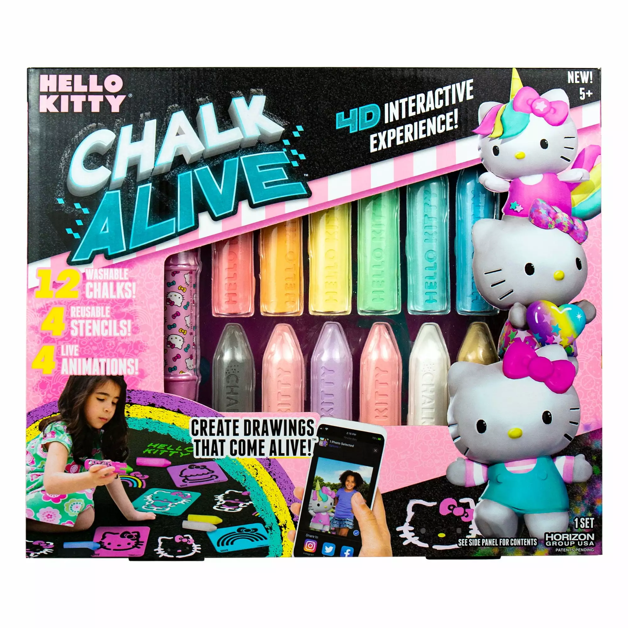 Hello Kitty Chalk Alive 4D Interactive Art. 4 Stencils. 12 Washable Sidewalk