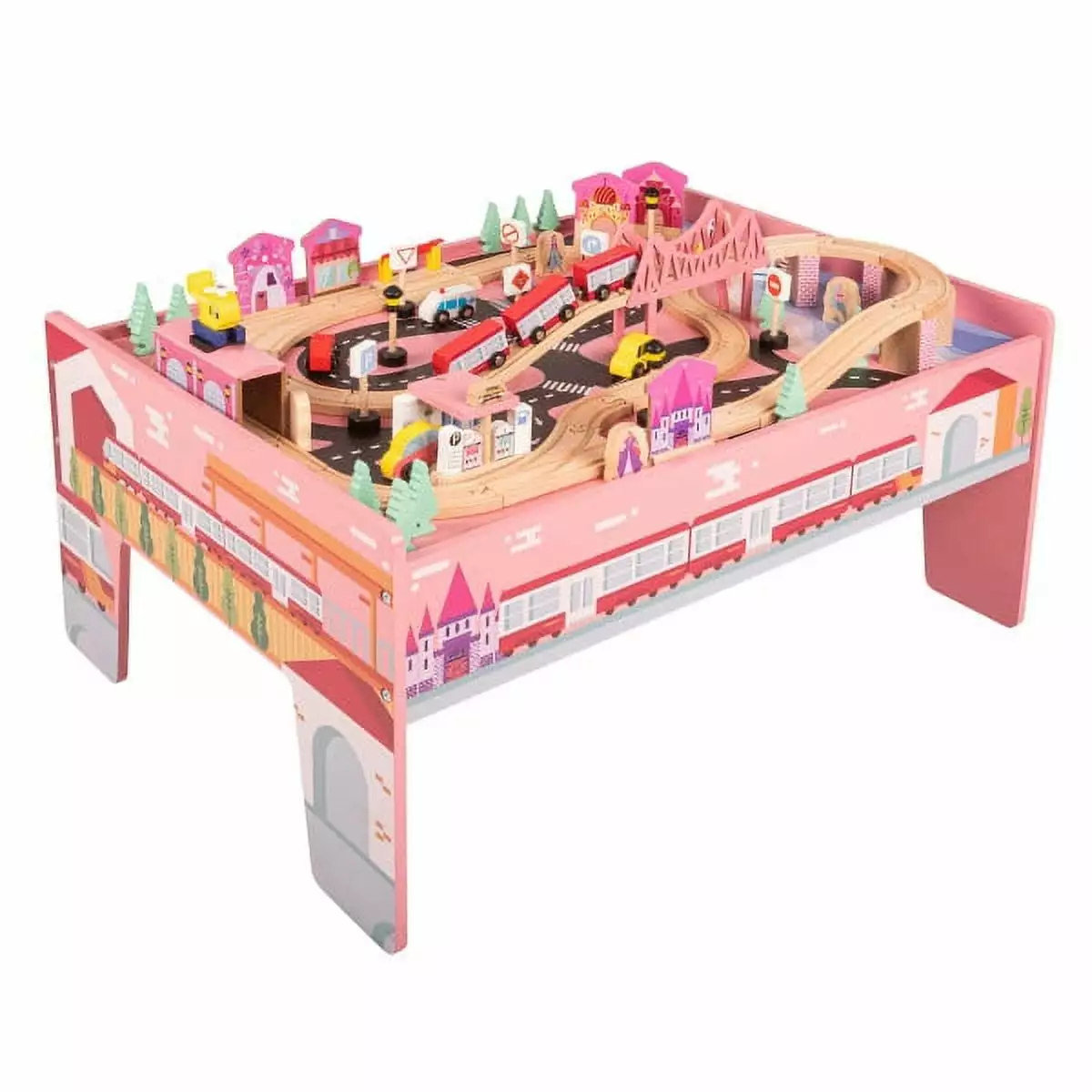 Hey! Play! Wooden Train Set & Table for Kids - Complete Set with 75 Pieces. Pink