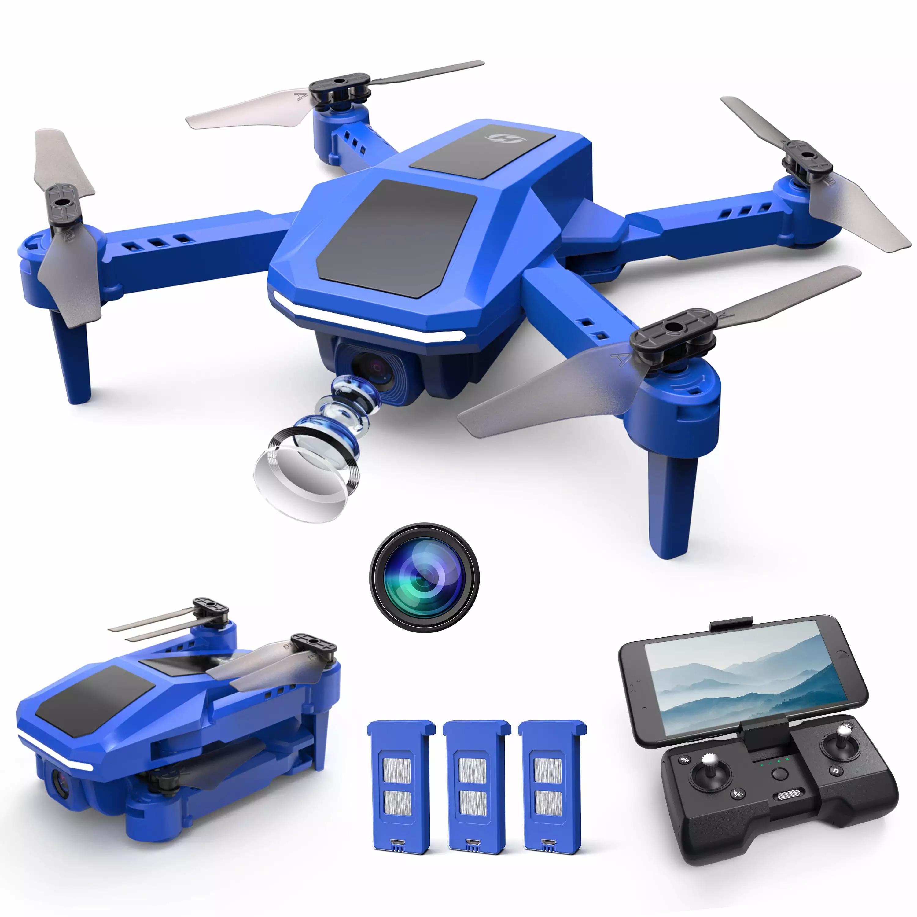 Holy Stone HS430 Foldable FPV Drone with 1080P Camera for Adults and Kids. RC Quadcopter with Auto Hover Gravity Sensor 3 Batteries. Blue