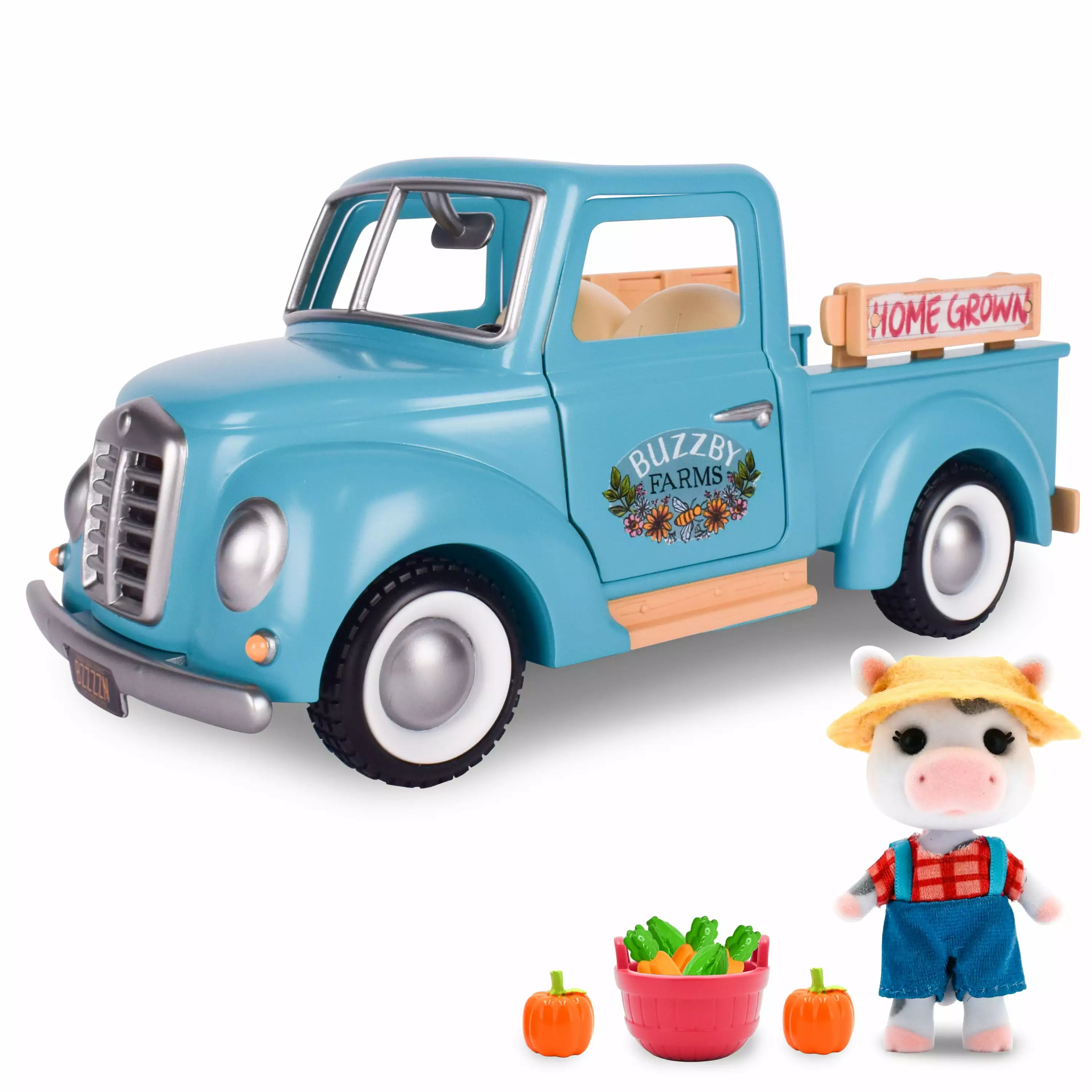 Honey Bee Acres Buzzby Blue Farm Truck with Mini Doll Figure. 10 Pieces. Children Ages 3+