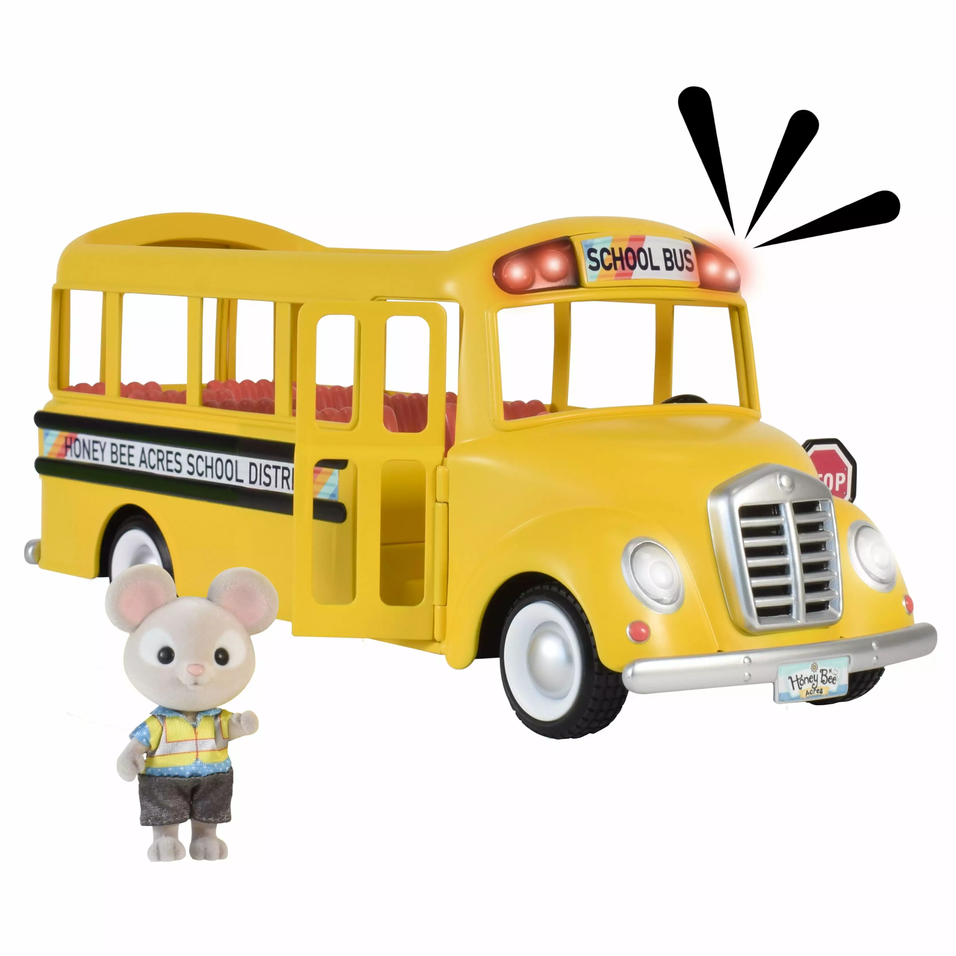 Honey Bee Acres Yellow Sunshine School Bus with Lights & Sounds. Doll Included. Children Ages 3+