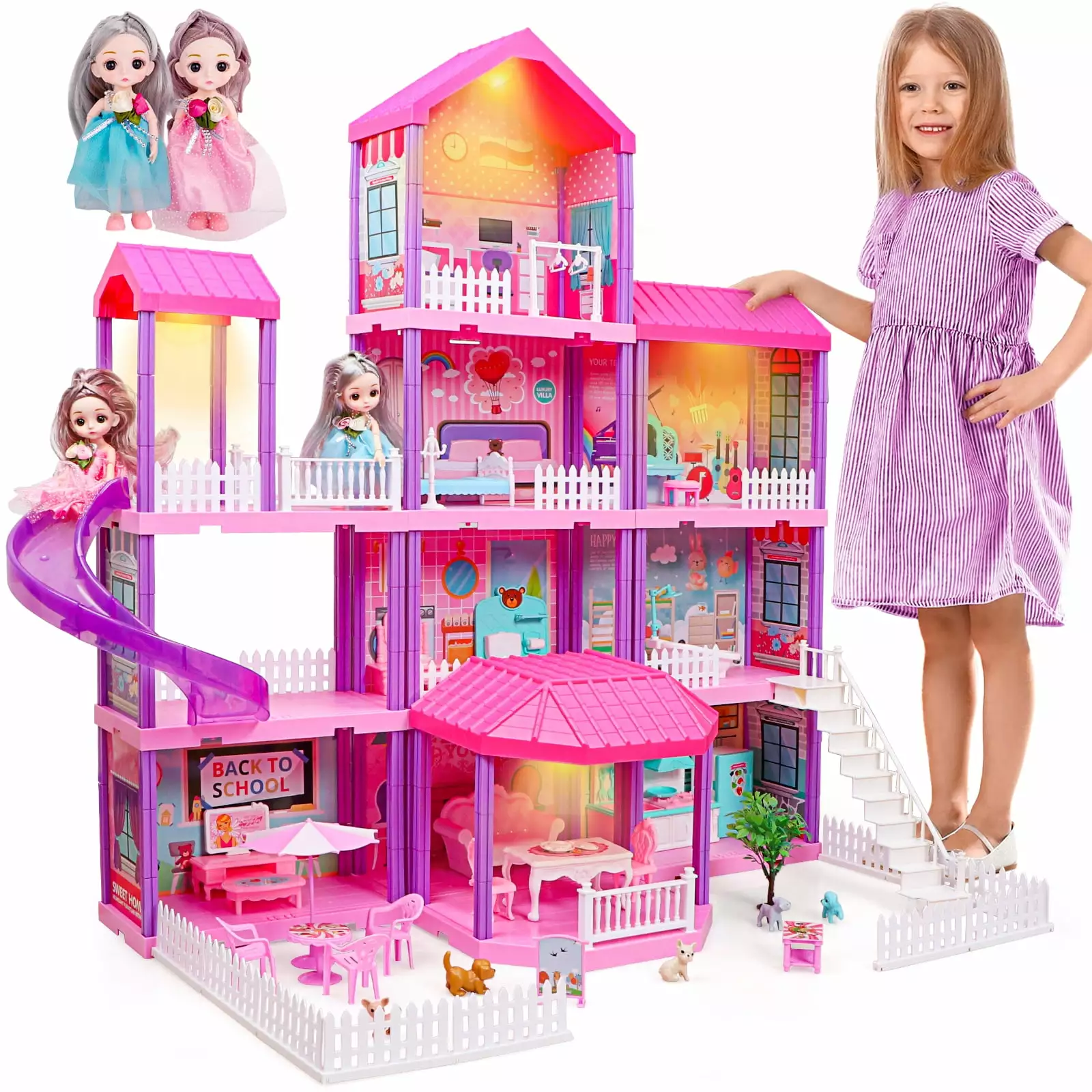 Hot Bee 36 inch Dollhouse Playset Girl Toys. 11 Rooms with Doll Toy Figures Toddler Playhouse Christmas Birthday Gifts for 3 4 5 6 7 Year Old Girls