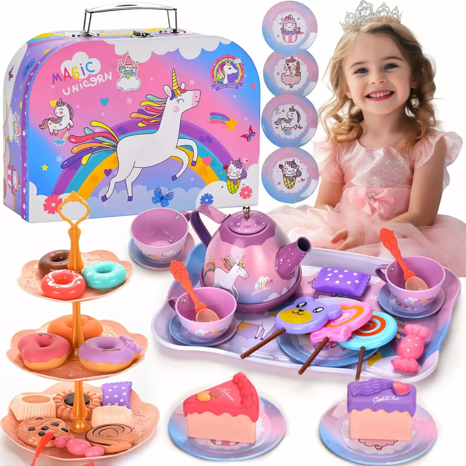 Hot Bee 48pcs Pretend Play Girl Toys for Ages 3-6 Years. Princess Tea Time Kitchen . Unicorn Tea Party Set for Little Girls. Birthday Gift for Girls Age 3-6.