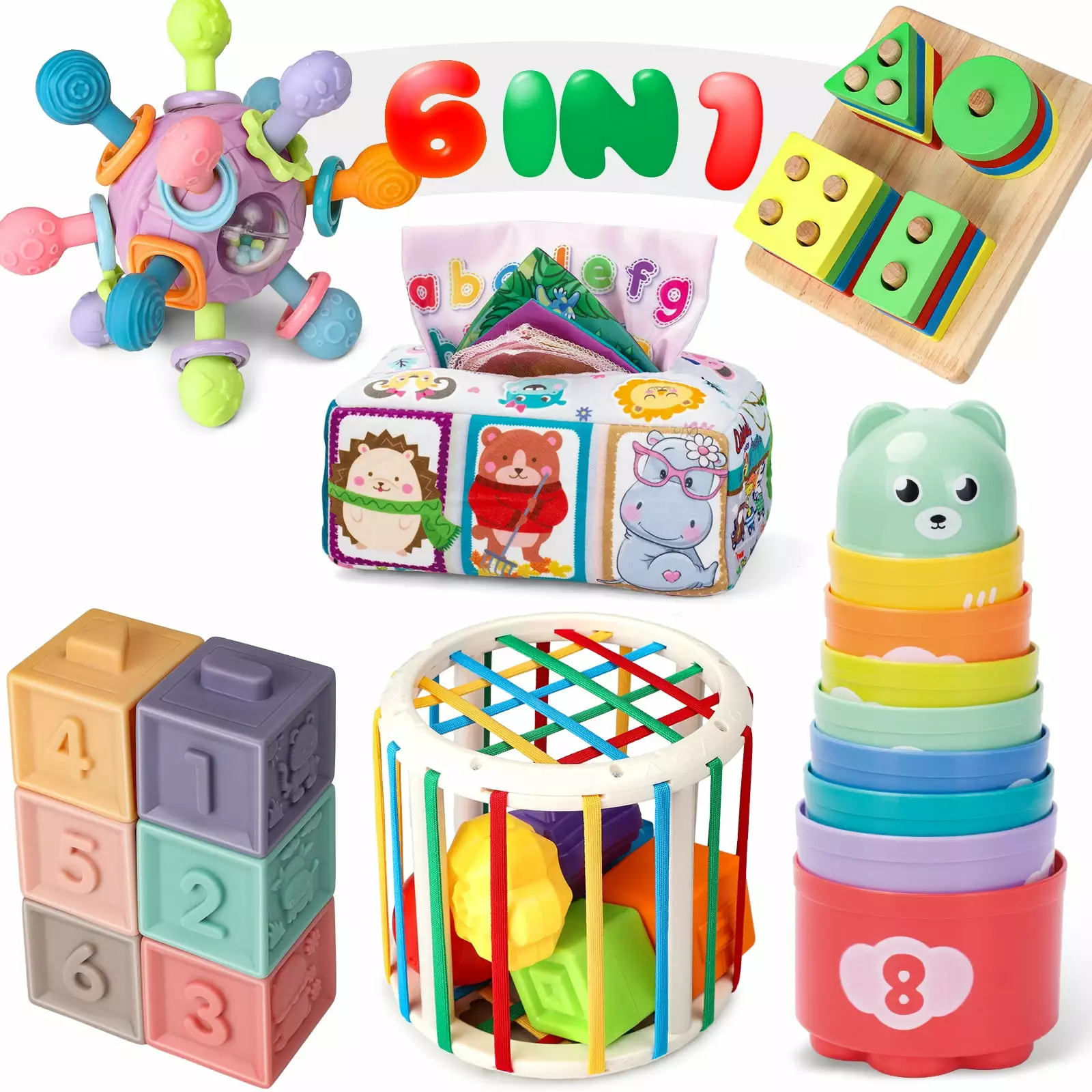 Hot Bee Baby Toys 6-12 Months. 6 in 1 Montessori Toys for Babies 6-12 Months. Soft Baby Teething Toys. Stacking Building Blocks for Infants