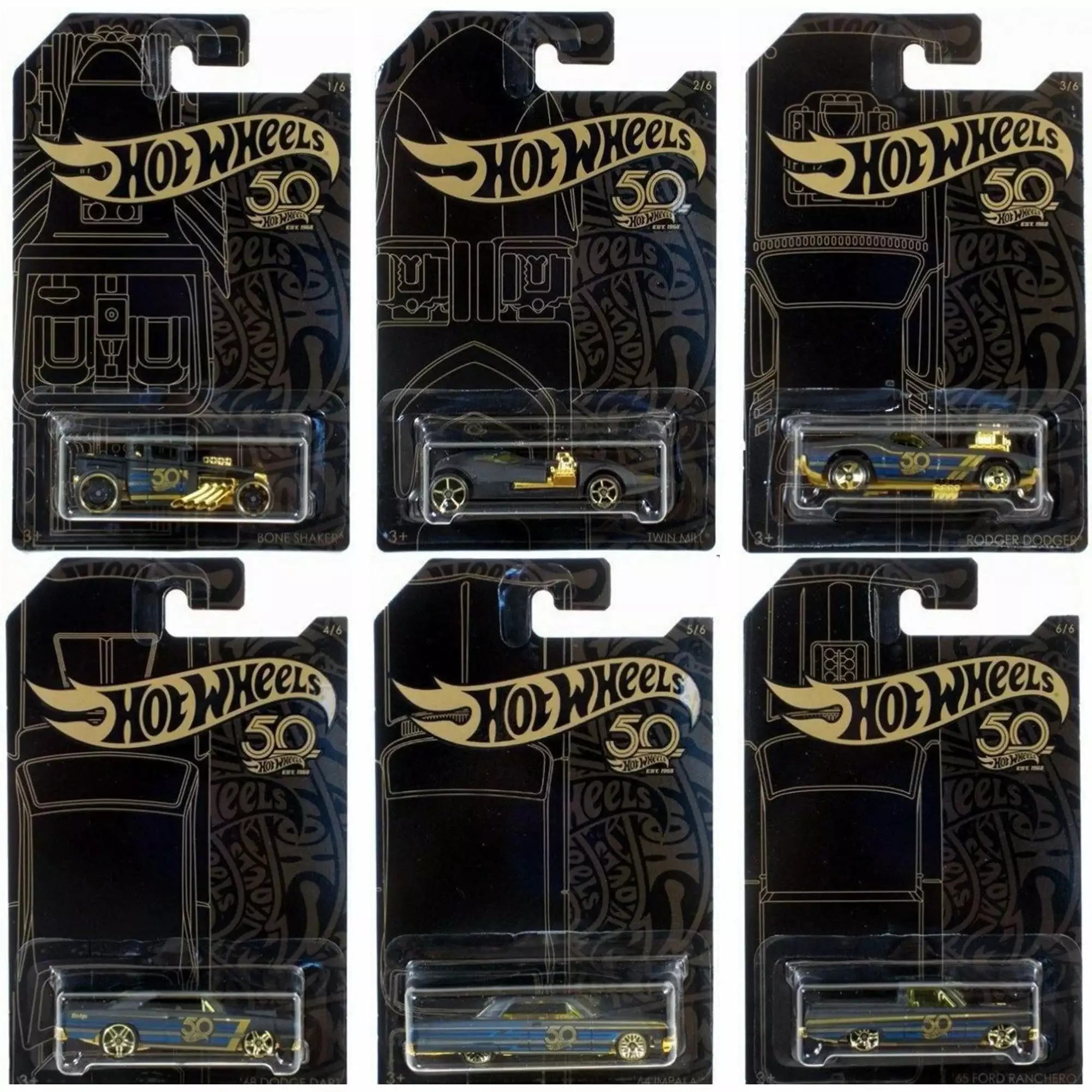 Hot Wheels 50th Anniversary Black Gold Set of 6 Die-Cast Cars