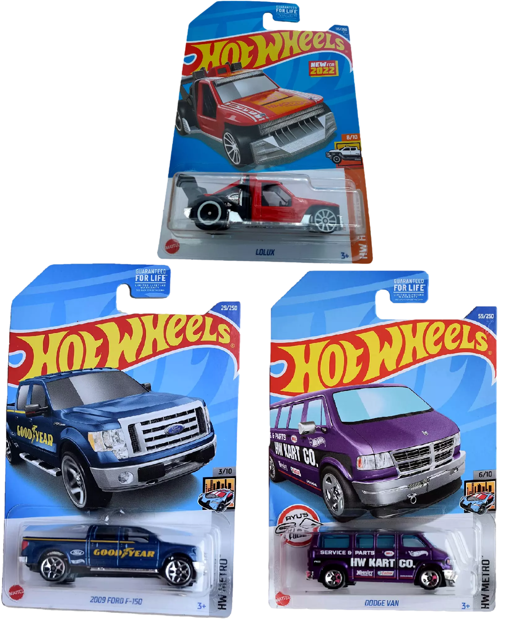 Hot Wheels Die-Cast Collectible Cars Set of 3; 2009 Ford F-150. Dodge Van. and Lolux 1:64 Scale