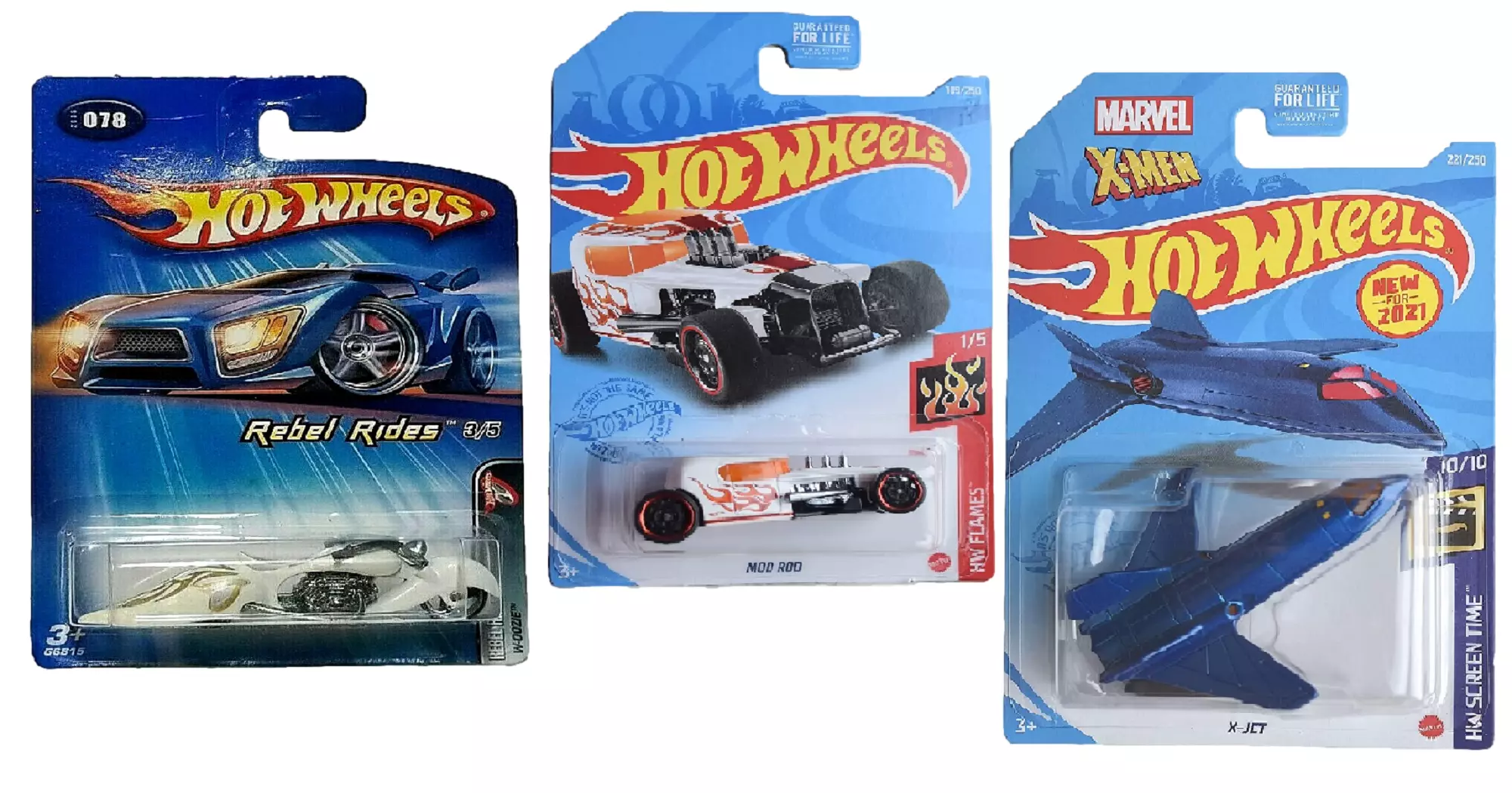 Hot Wheels Die-Cast Collectible Cars Set of 3; Rebel Rides W-oozie. Mod Rod. and X-Jet 1:64 Scale