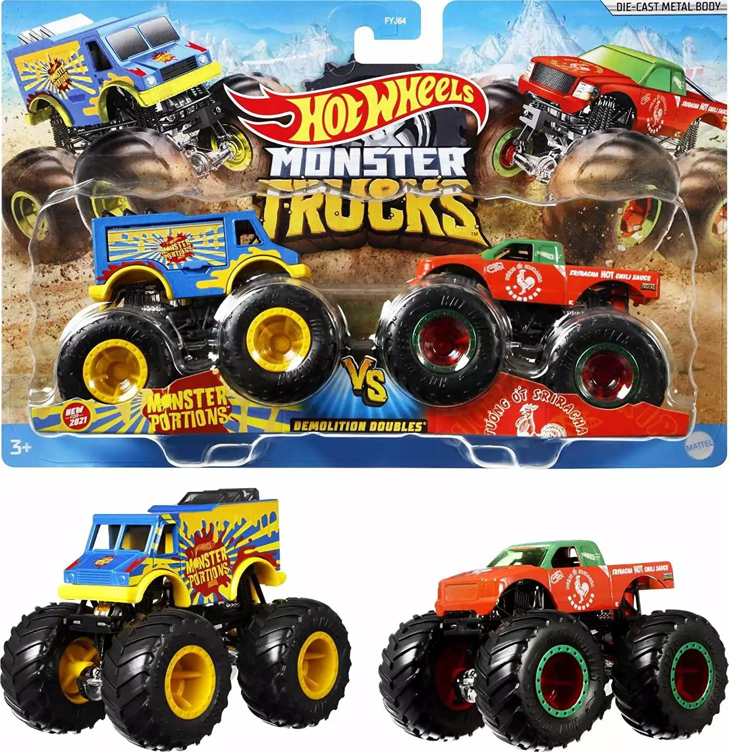 Hot Wheels Monster Trucks 1:64 Scale Die-Cast Demolition Doubles 2-Pack for Kids age 3 - 8 Years Old. Collectible Toy Truck with BIG Wheels for Crashing and Smashing [Styles May Vary]