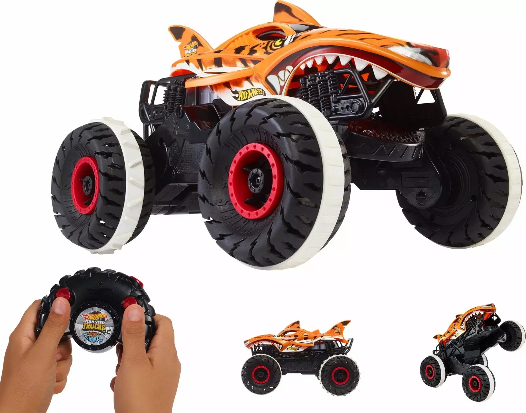 Hot Wheels Monster Trucks Remote Control Car 1 15 Scale Tiger Shark RC with All-Terrain Wheels