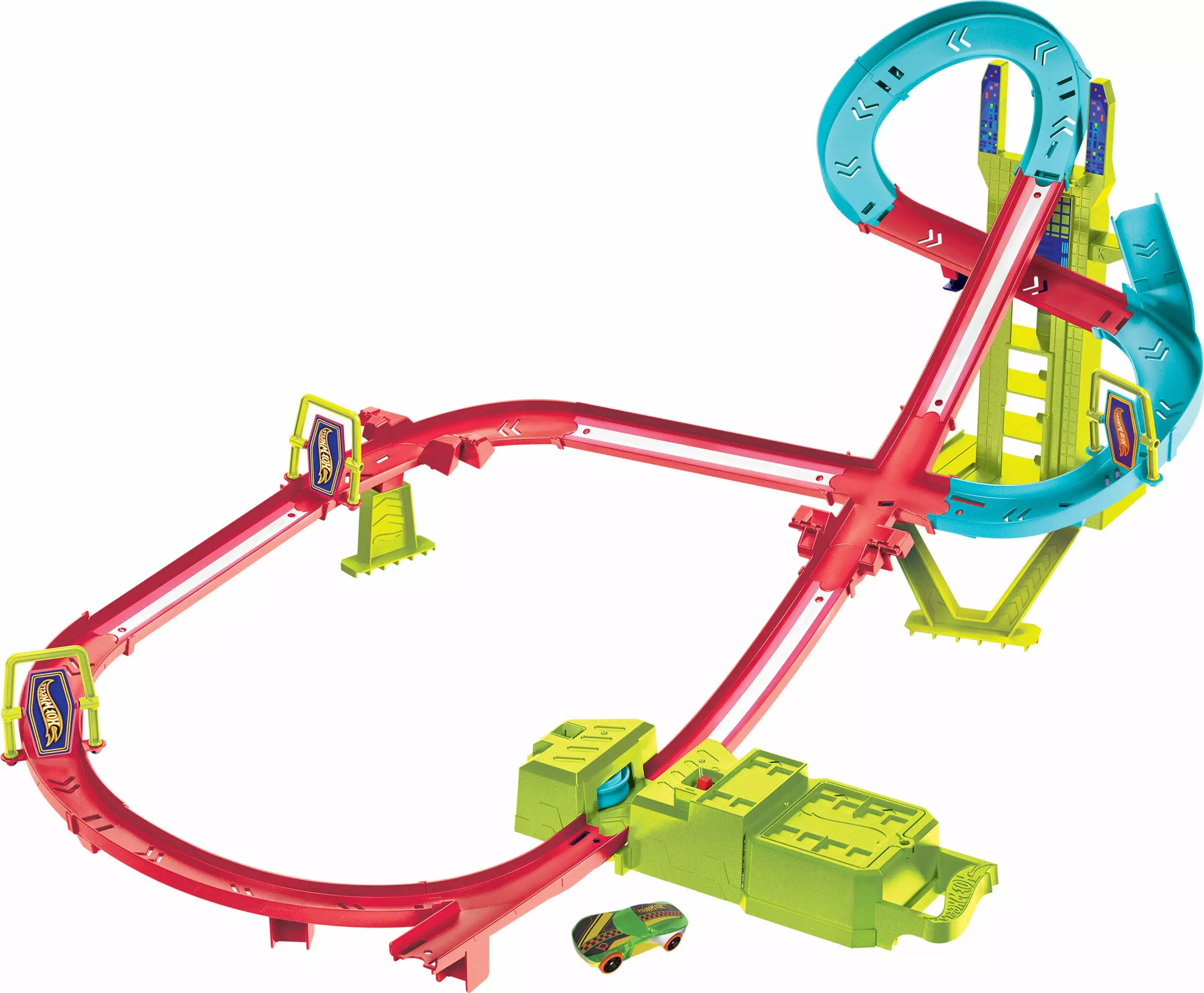 Hot Wheels Track Set. Neon Speeders Skyscraper Speed Circuit with 1 Hot Wheels Car