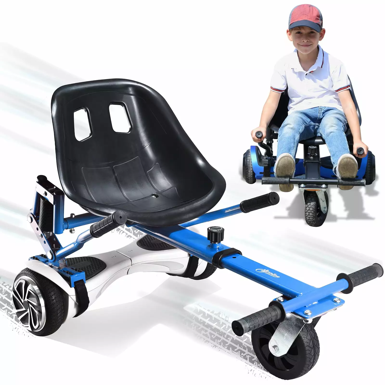 Hoverboard seat attachment. hoverboard go kart for adults & kids. accessories to transform hoverboard into go cart. hover carts for self balancing scooter with off-road tire and shock absorber. blue