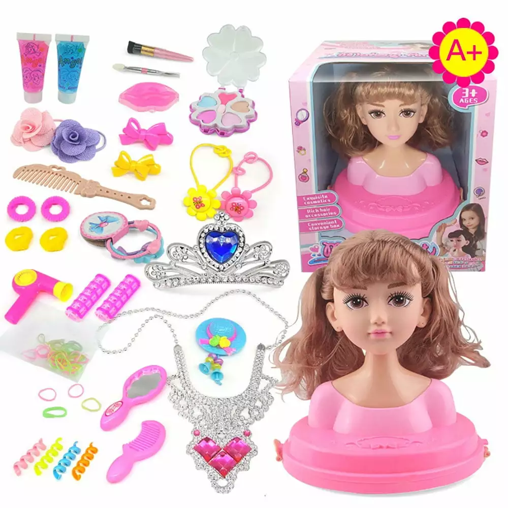 Huntermoon Kids Dolls Styling Head Makeup Comb Hair Toy Doll Set Pretend Play Princess Dressing Play Toys For Little Girls Makeup Learning Ideal Present