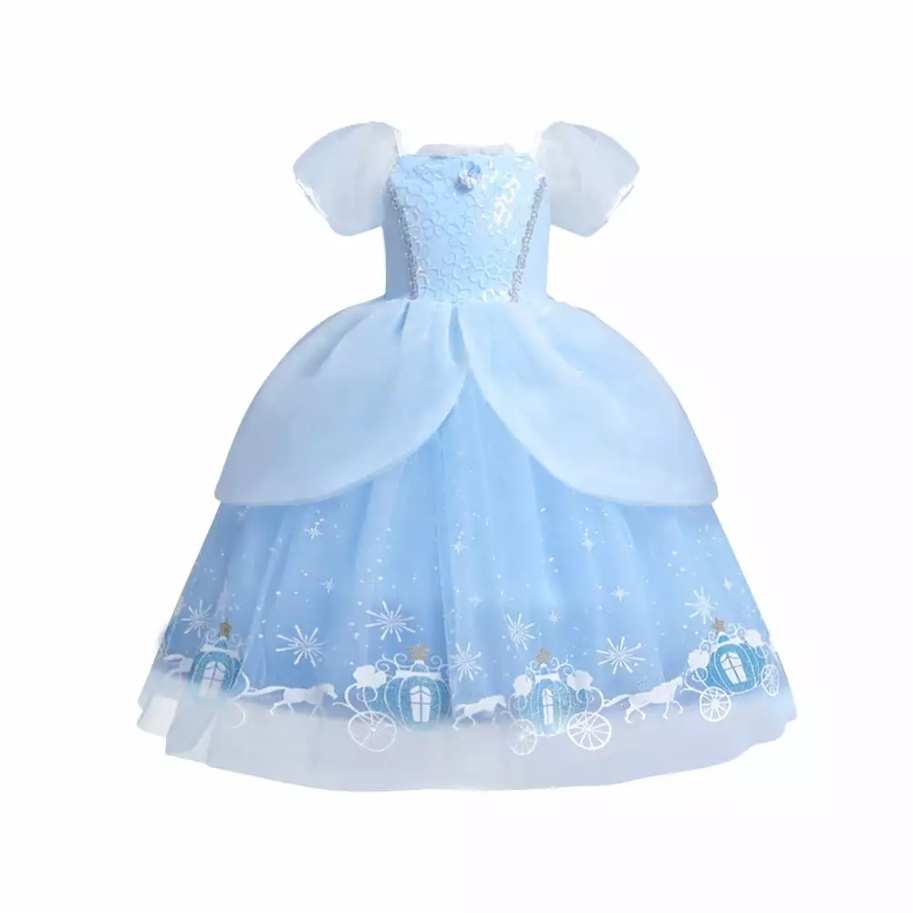 IBTOM CASTLE Girls Cinderella Princess Fancy Dress up Fairy Tale Halloween Carnival Cosplay Dress Flower Ruffle Tulle Tutu Birthday Party Outfit for Child 4-5 Years Cinderella Blue