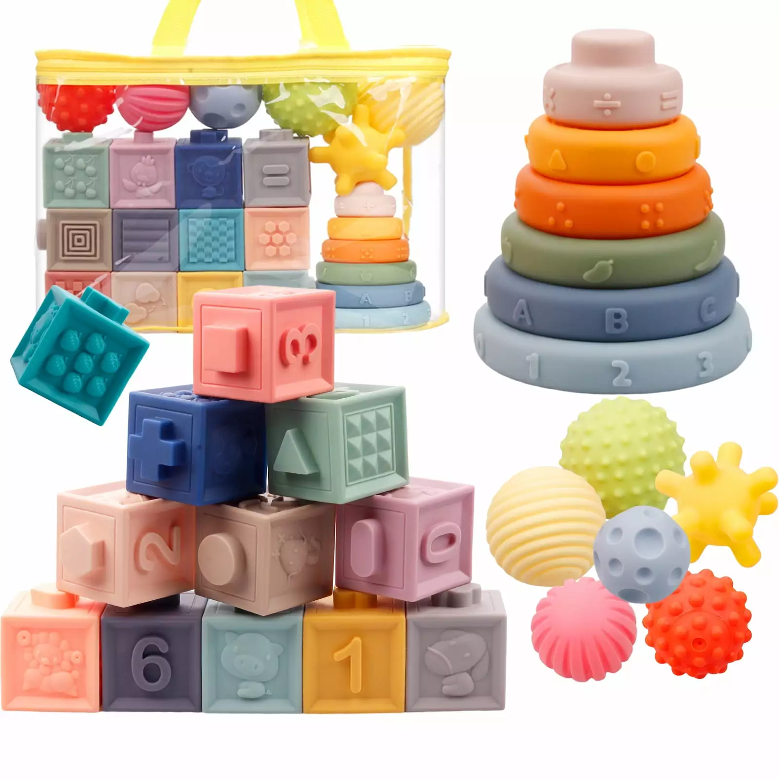 Iflove Montessori Toys for Babies.3 in 1 Baby Toys.Soft Stacking Building Blocks Rings Balls Sets.Soft Sensory Toys for Babies 0-6 Months.Child Teething Toys for 1-3 Year Old Gift