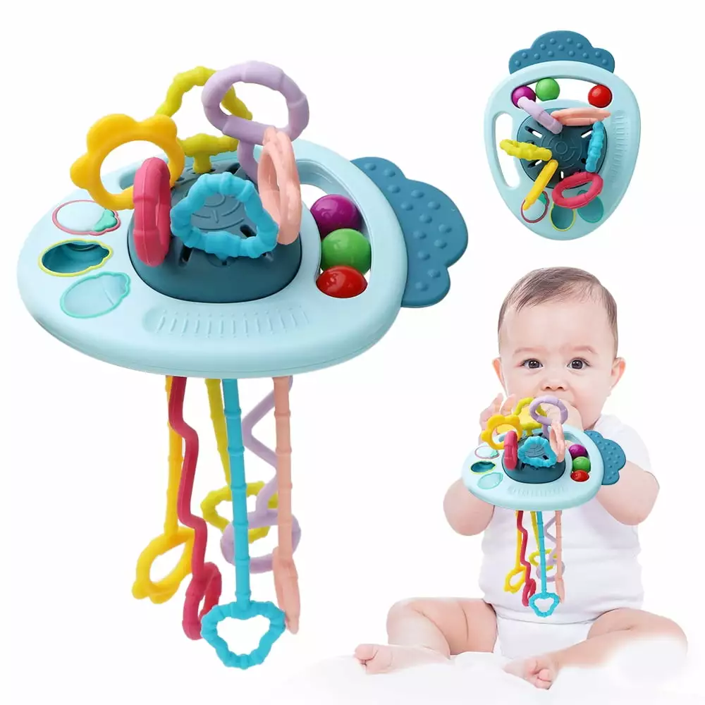 JIFON Montessori Toys for Toddler 12+ Months. Food Grade Silicone Pull String Teething Toys. Fine Motor Skills Sensory Toys for Baby