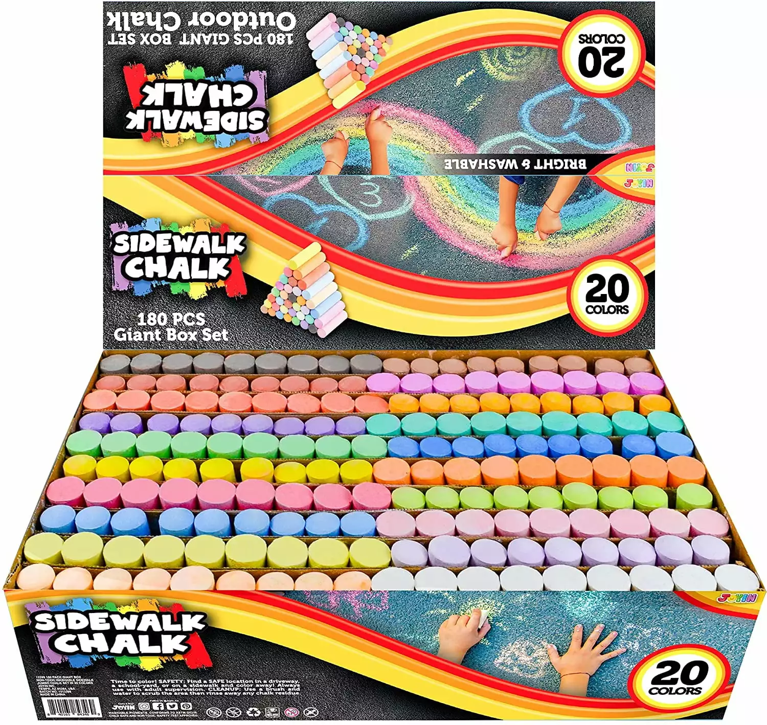 JOYIN 180 PCS Washable Sidewalk Chalks Set in 20 Colors Non-Toxic Jumbo Chalk for Outdoor Art Play. Painting on Chalkboard. Blackboard and Playground