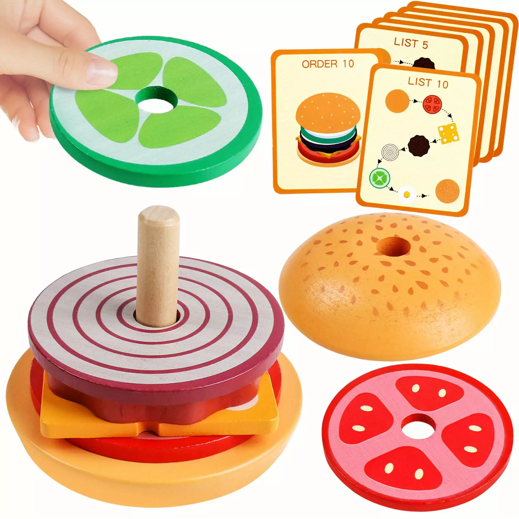 JUNWELL Montessori Toys For 3 Year Old Wooden Burger Sorting Stacking Toys For Toddlers Preschool Educational Toys Fine Motor Toys For Kids Boys Girls (Burger)