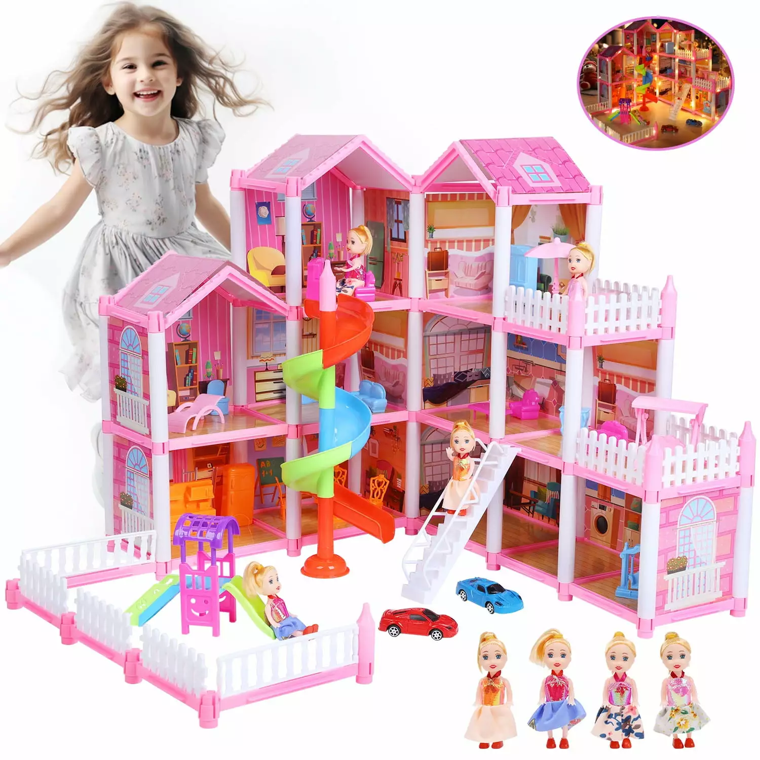 JoyStone Dream Dollhouse. 11 Rooms Playhouse with 4 Dolls Playset with Furniture&Light Strip& Rotating Slide. Gift Toy for Kids Ages 3-8