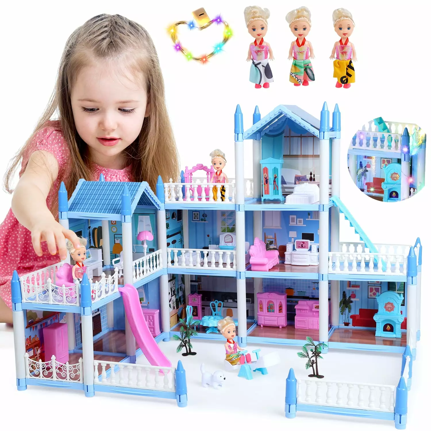 JoyStone Dream Dollhouse 3 Story 9 Rooms Blue DIY Pretend Play Building Playset. Princess Dream House Asseccories and Furniture.Gift for 6-9 Girls Toddler