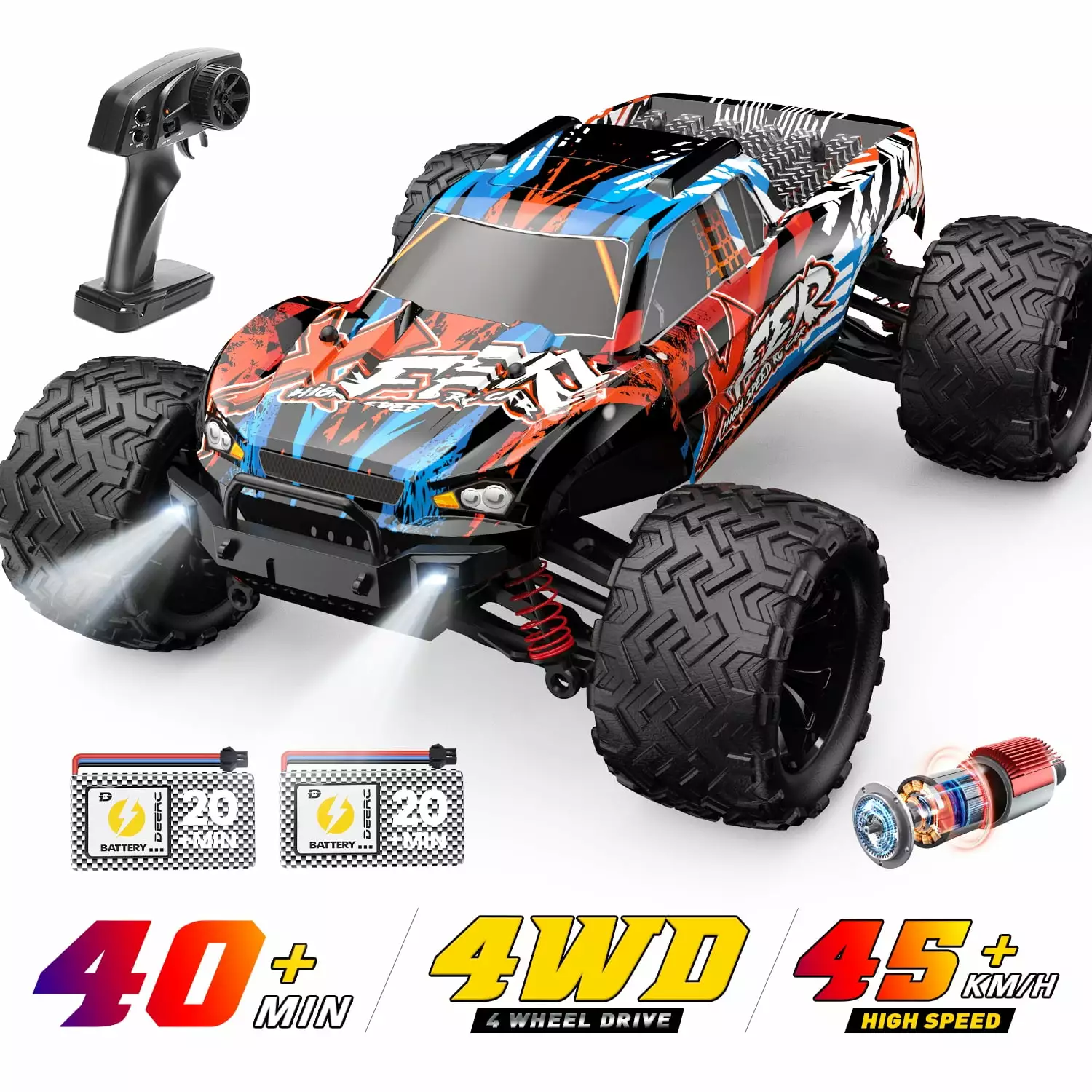 JoyStone RC Cars High Speed Remote Control Truck. 1:16 Scale 45+KM/H RC Vehicle with LED Lights. 4WD All Terrain Offroad Truck with 2 Batteries. Gifts for Kids Adults