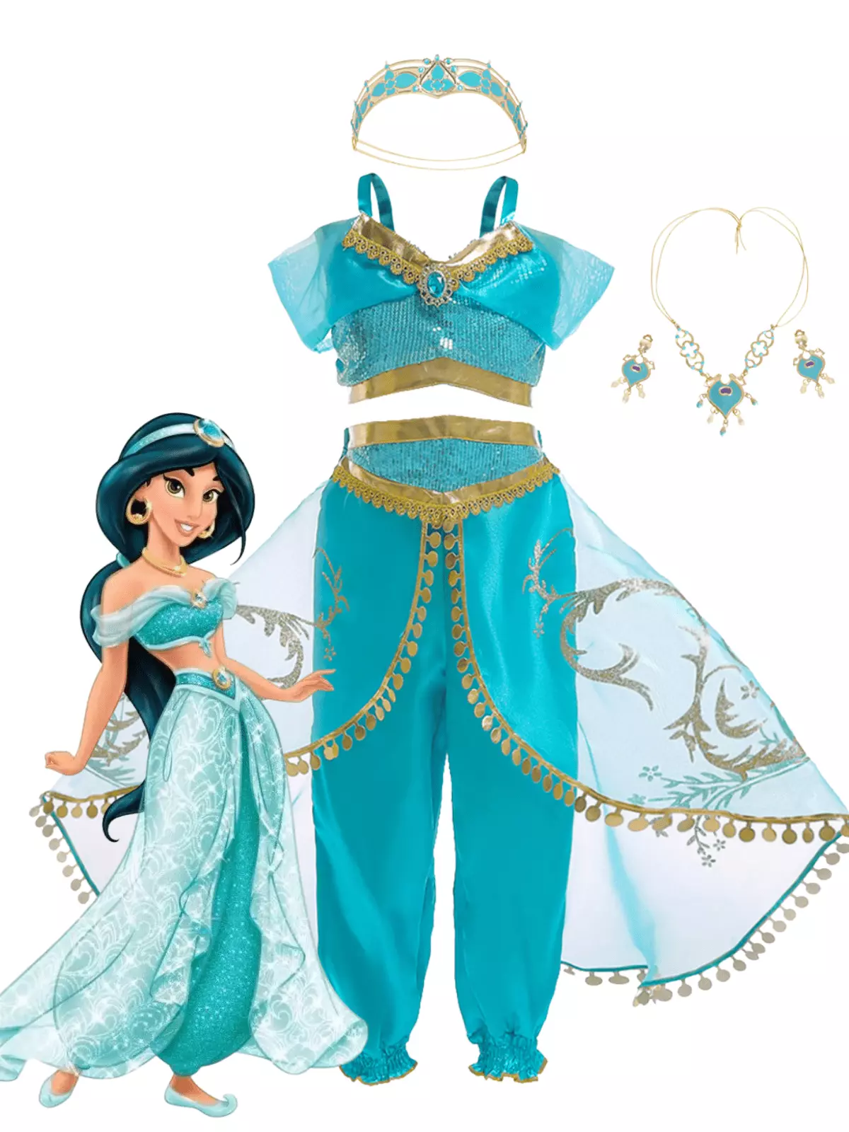 Jurebecia Jasmine Costume for Girls Sequined Princess Jasmine Dress Kids Birthday Party Dresses up Blue with Accessories 110 CM 3-4 Years