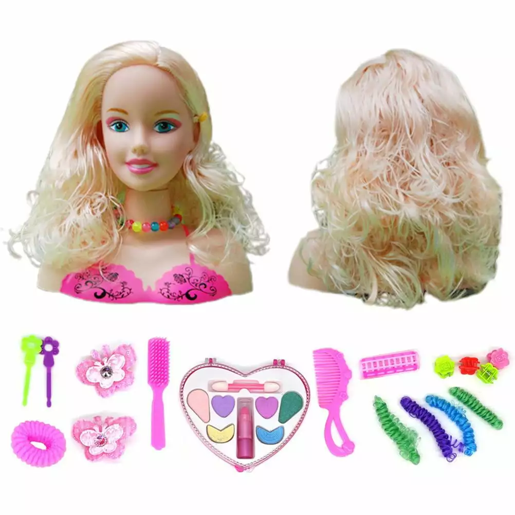 Jygee Makeup Pretend Playset for Children 17Pcs Hairdressing Styling Head Doll Makeup Toy Educational Toy Gift for Kids Girls