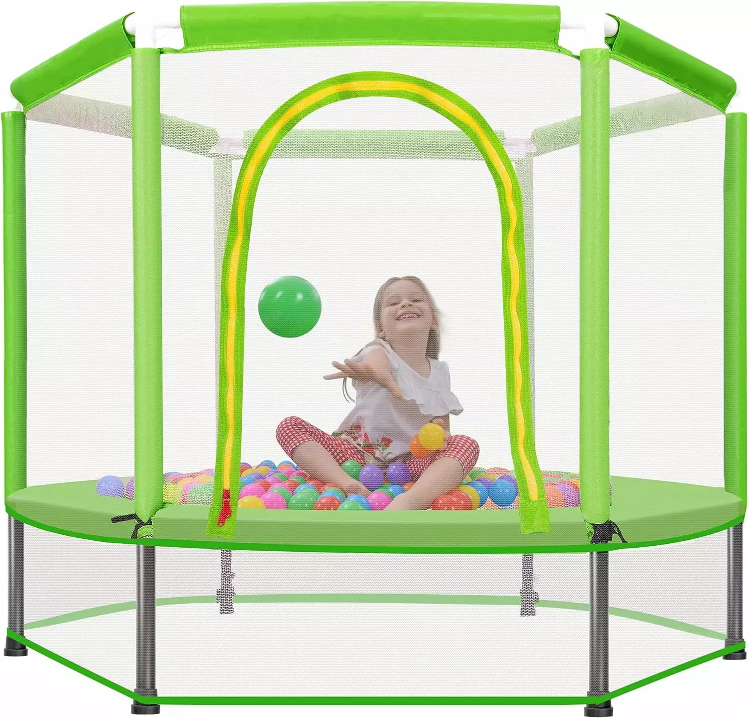 KOFUN 55 Mini Trampoline for Kids. 4.5FT Indoor Outdoor Toddler Trampoline with Safety Enclosure Net and Pit Balls. Baby Small Trampoline Birthday Gifts for Boy and Girls Age 3 Months and up. Green