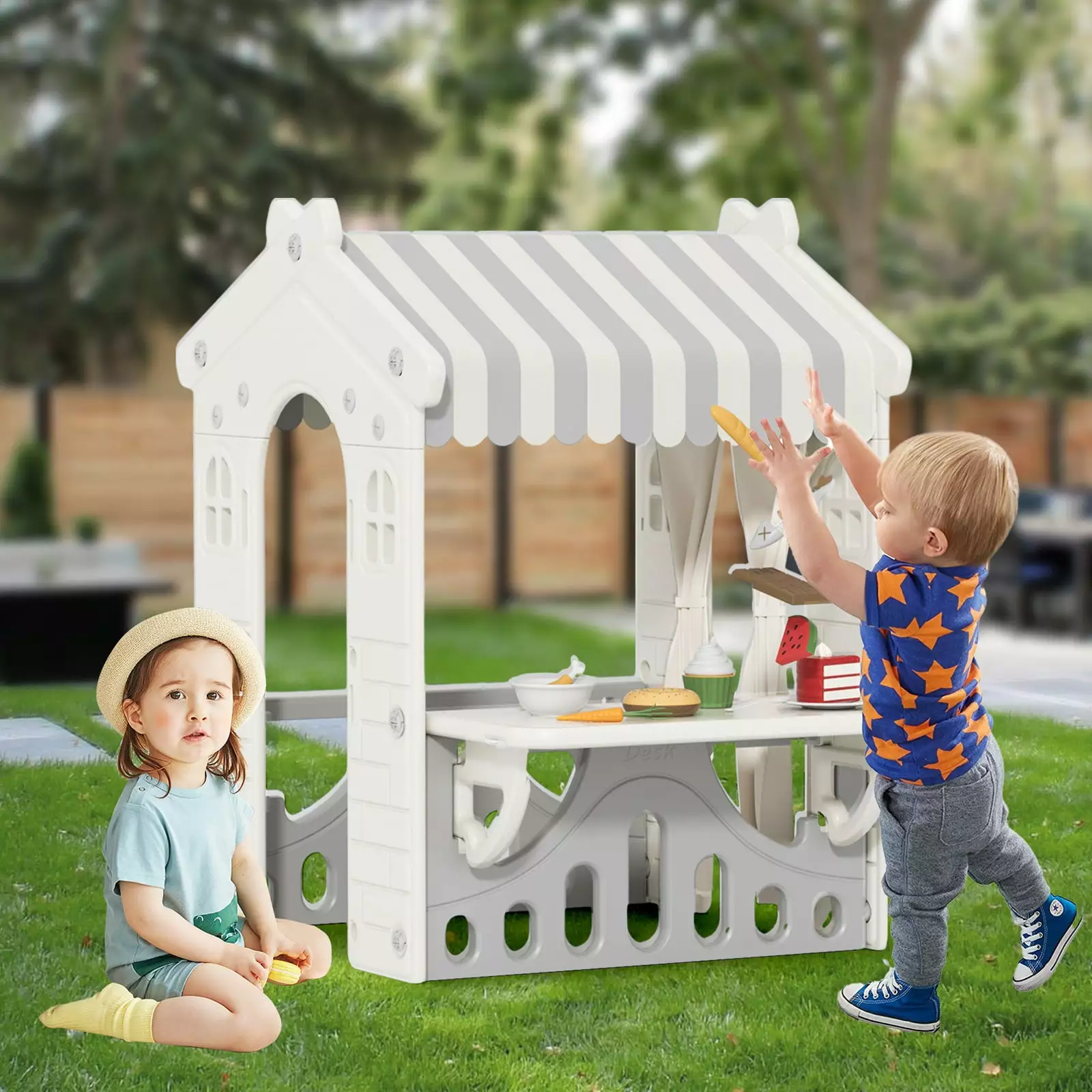 KORIMEFA Kids Pretend Playhouse. Cape Cottage Playhouse with Windows. Door. Curtain. Realistic Home. Gift for Toddler Boys Girls Indoor Outdoor